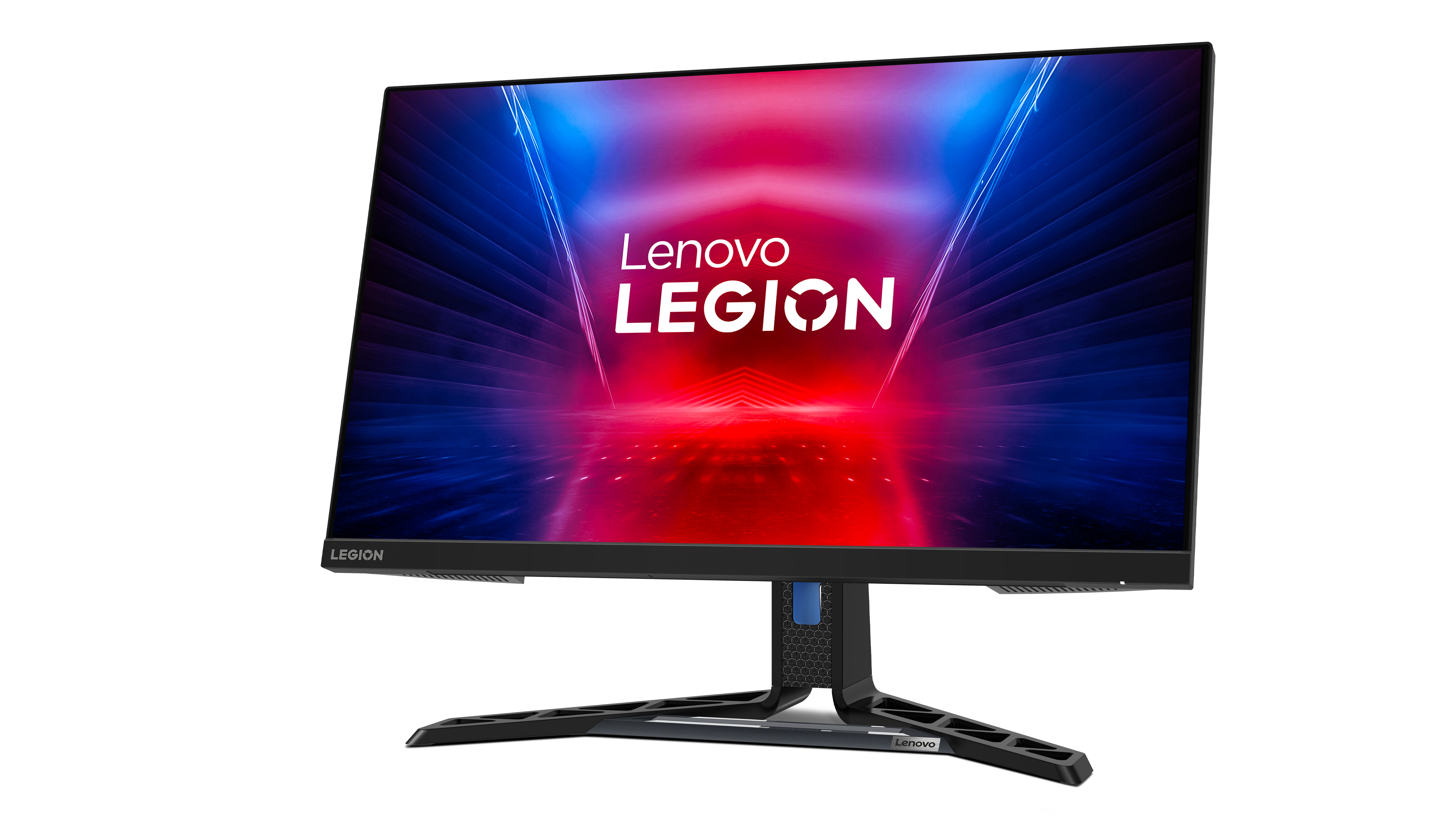 Monitor do gier Lenovo Legion z czerwono-niebieskim ekranem. Ma czarną podstawę i niebieski akcent.