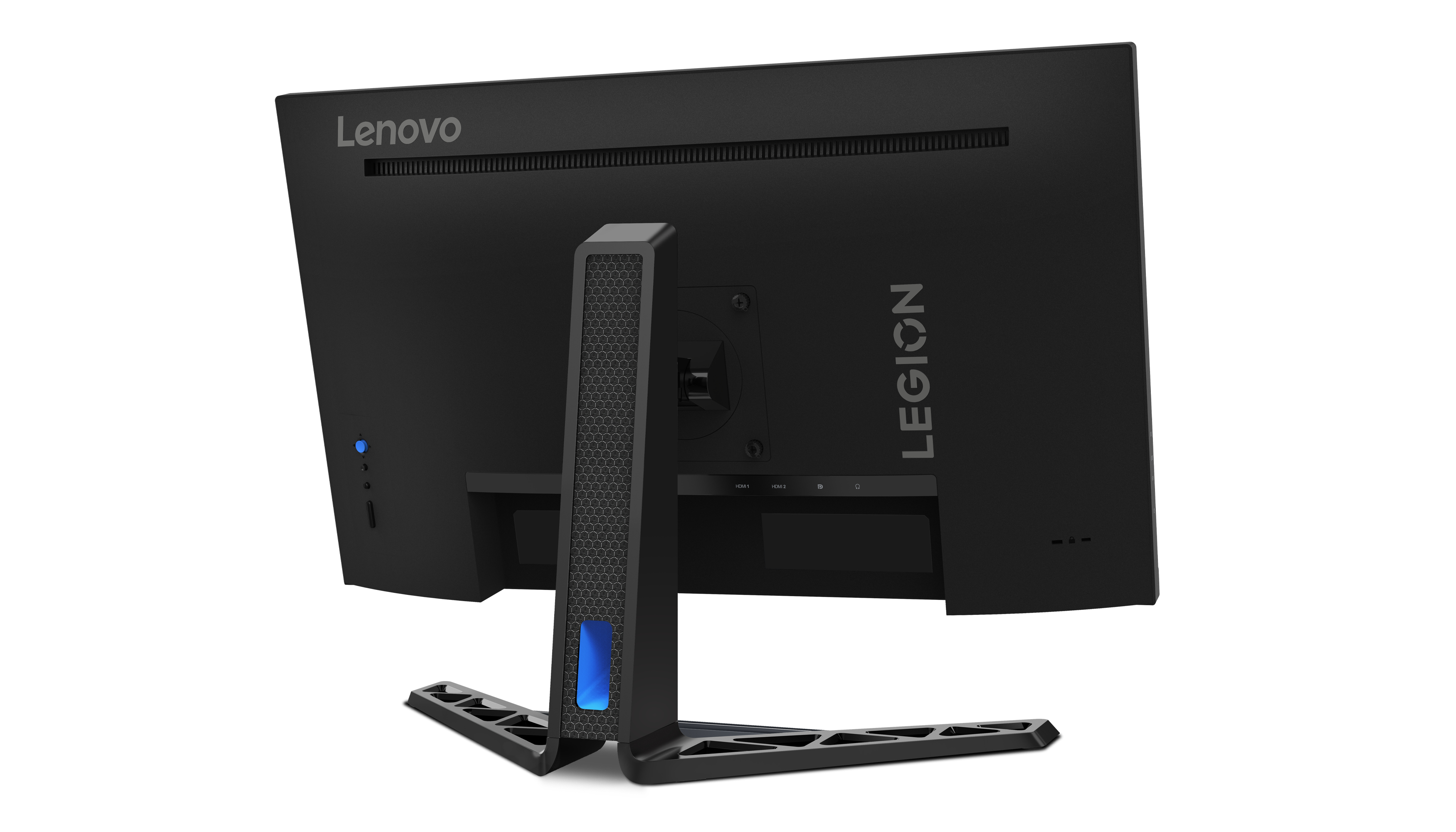 Tył czarnego monitora Lenovo Legion. Podstawa ma niebieskie światło. Białe tło.