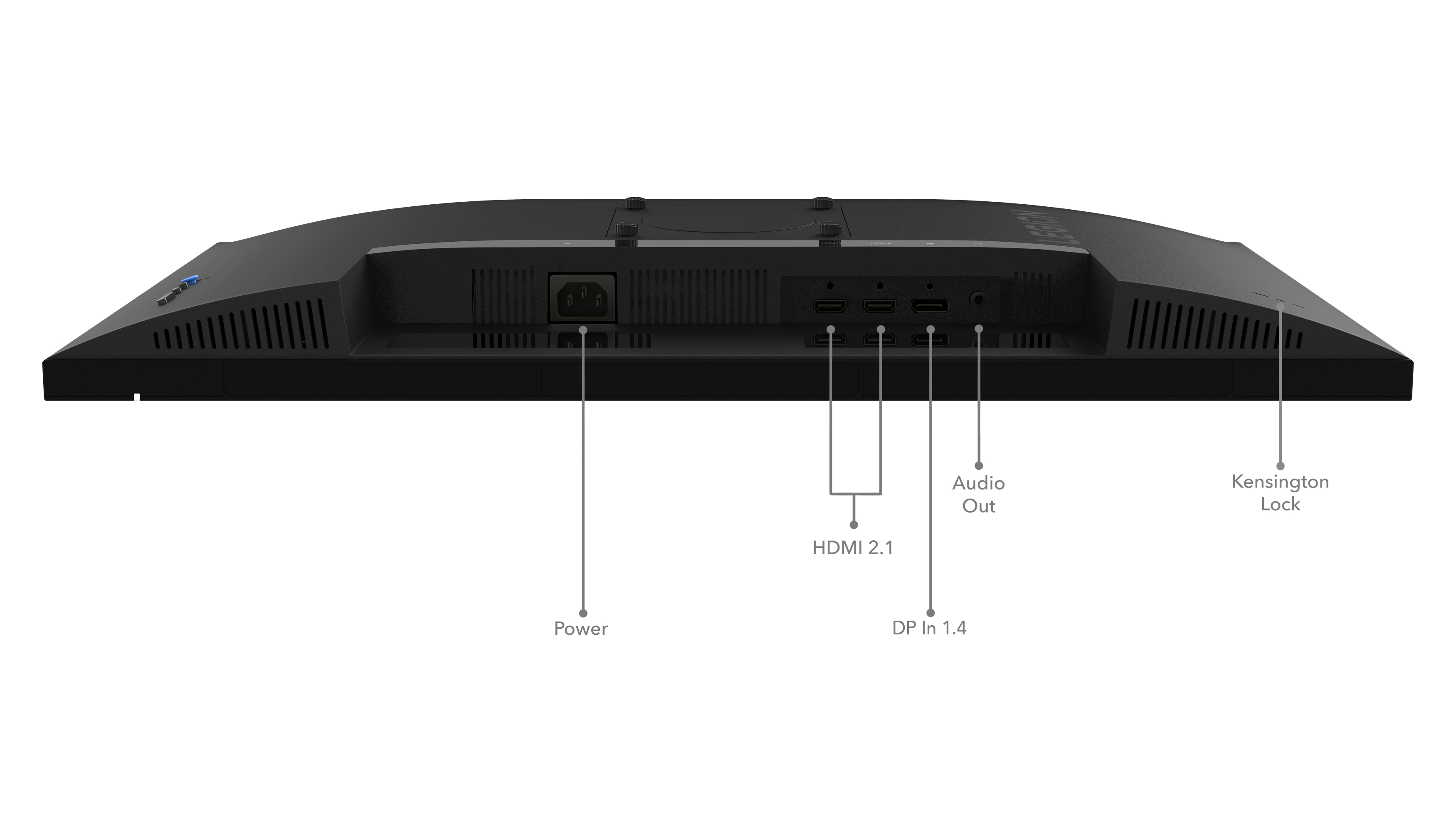 Tył czarnego monitora z kilkoma oznaczonymi portami.