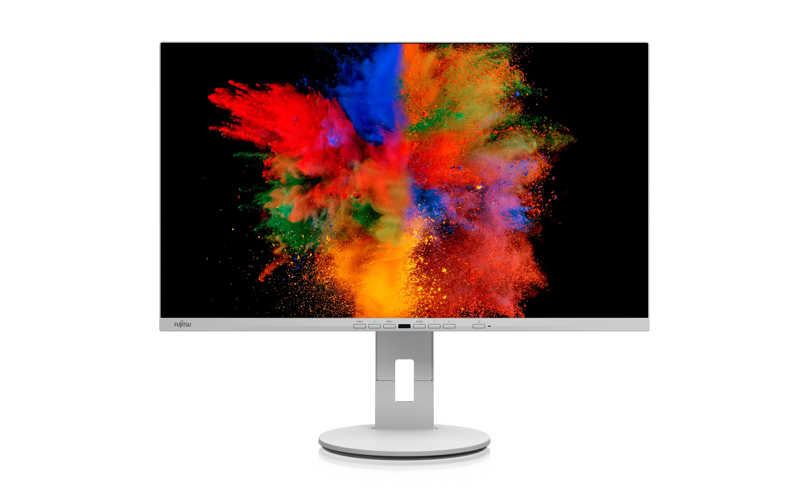 Un monitor del computer con uno schizzo di vernice colorata sullo schermo.