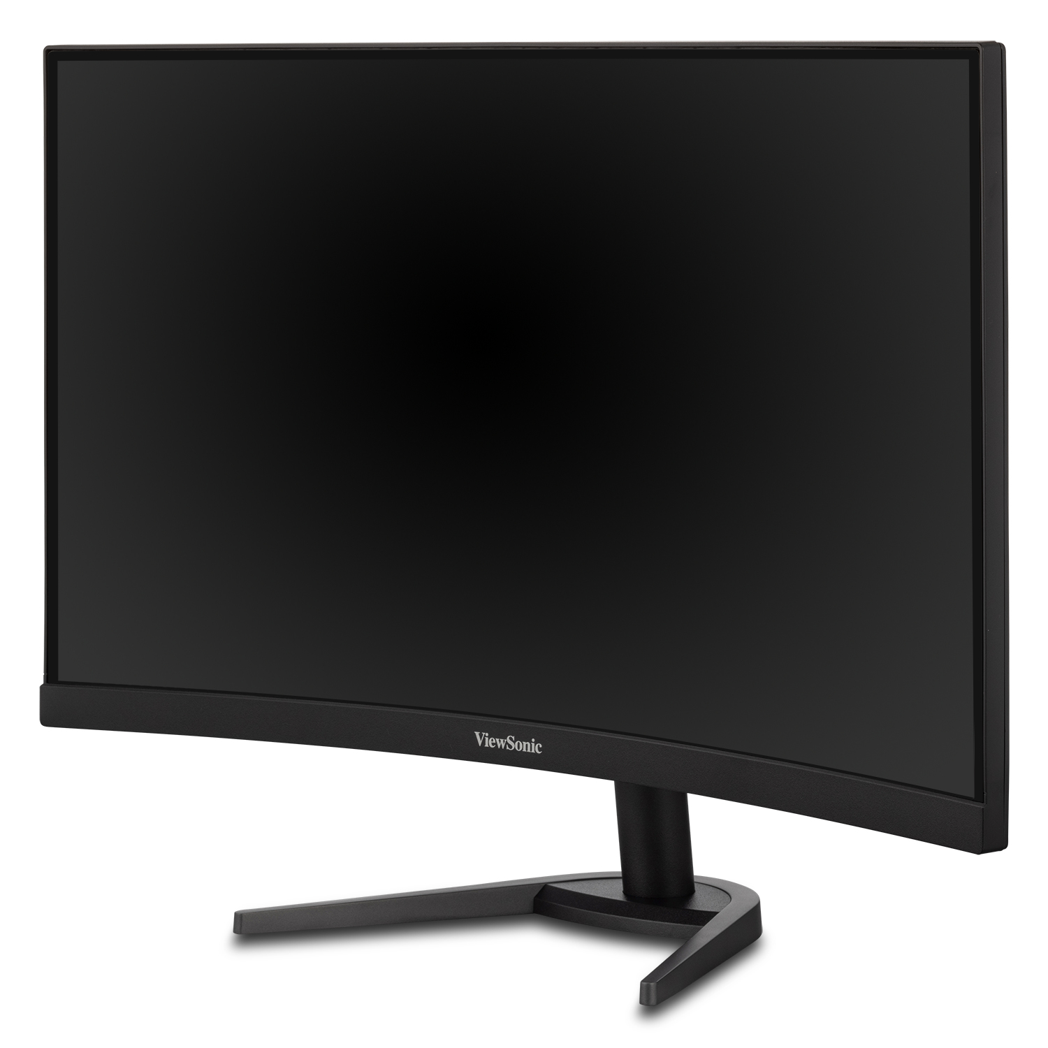 Un monitor ViewSonic curvo con cornice e supporto neri. Lo schermo è nero.