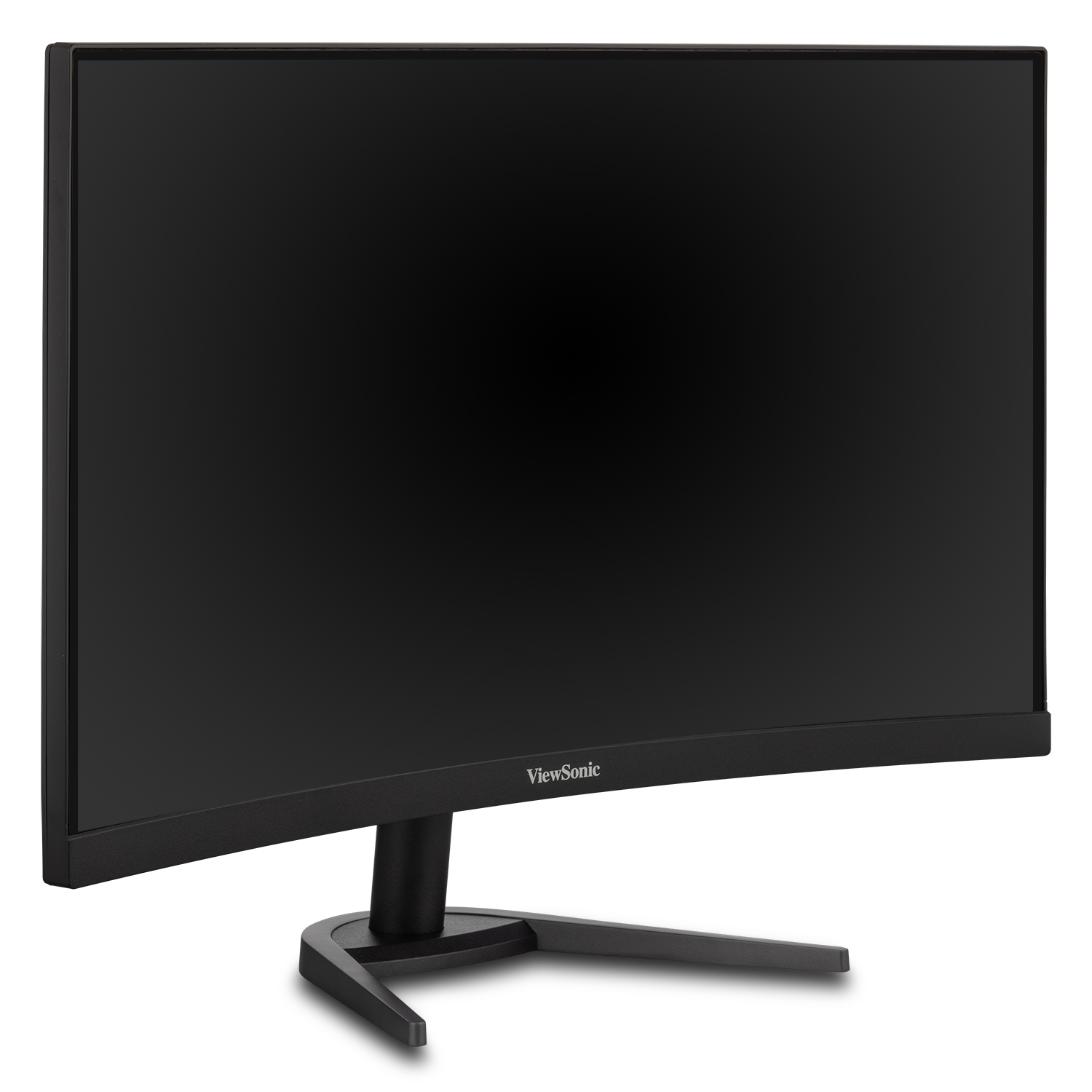 Un monitor ViewSonic curvo con schermo nero e supporto nero, su sfondo bianco.