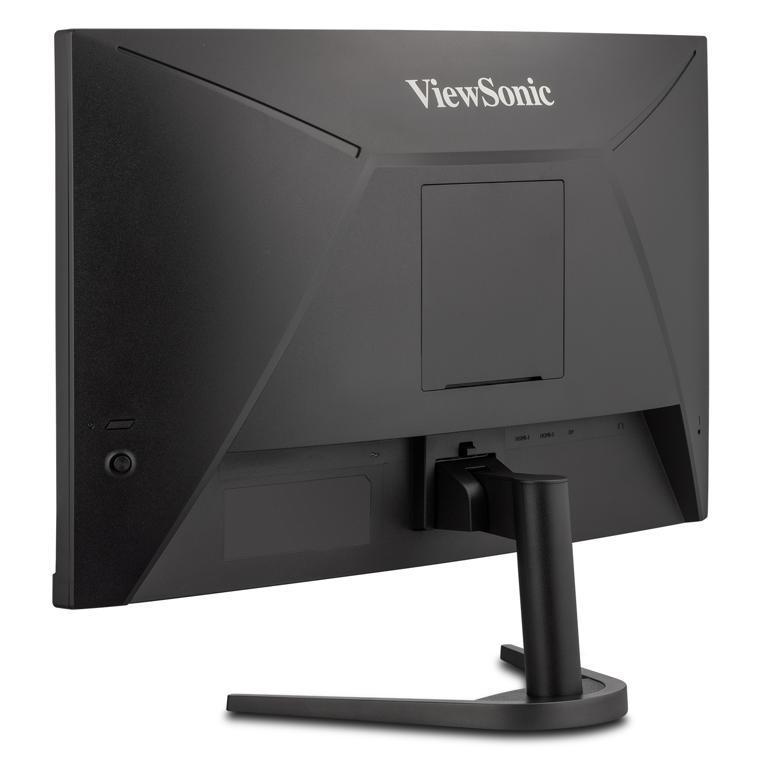 Vista posteriore di un monitor ViewSonic nero con supporto. Sfondo bianco.