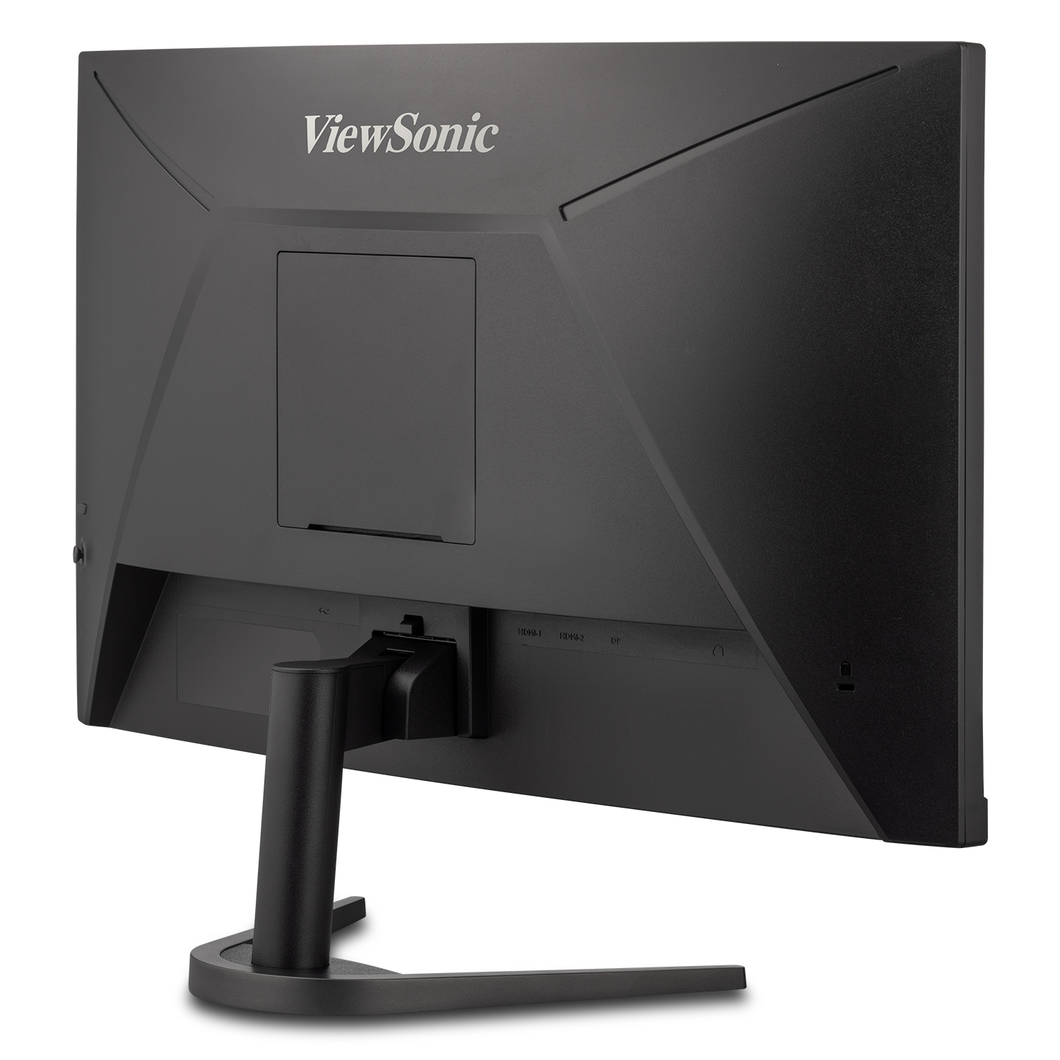 Retro di un monitor ViewSonic nero con supporto e porte.