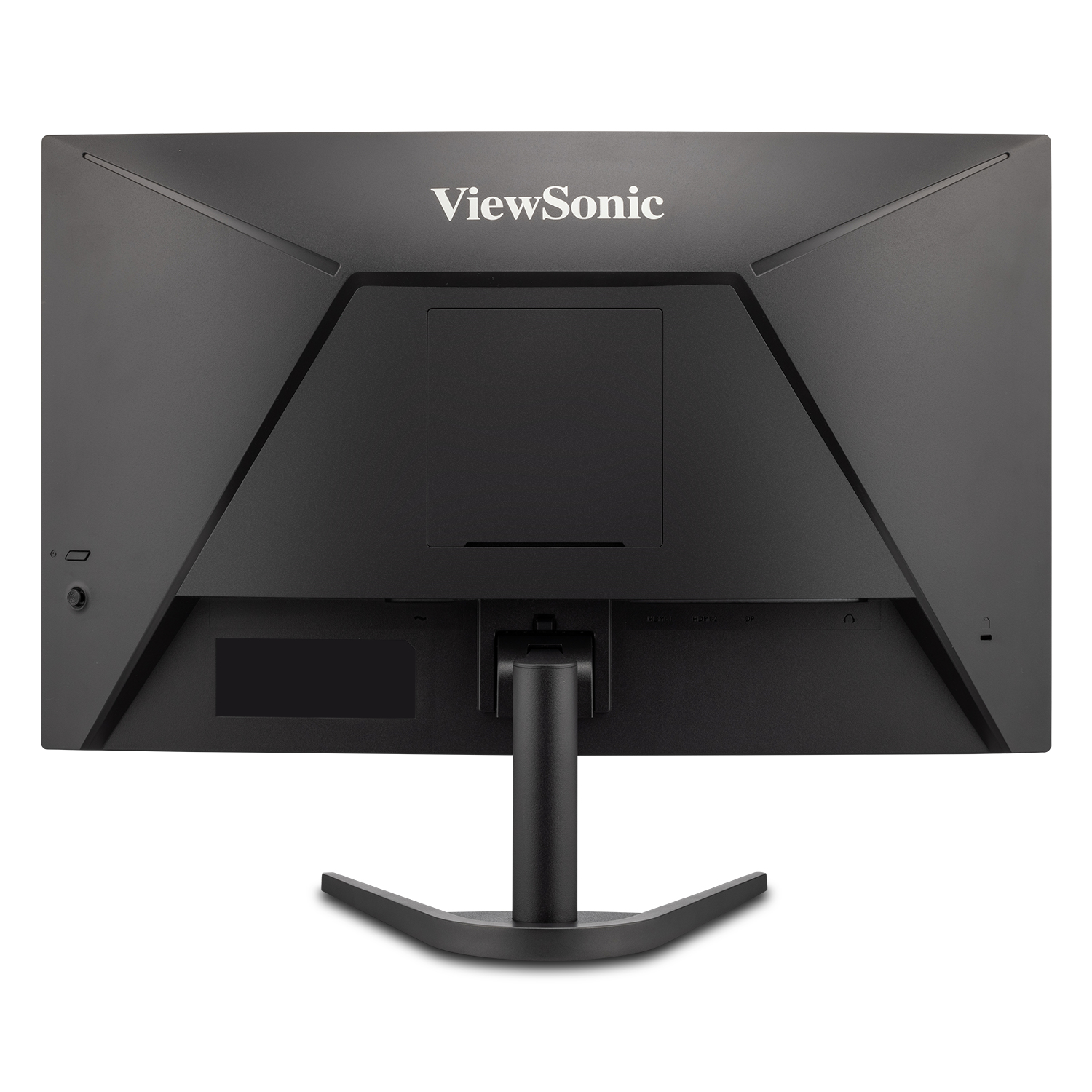 Retro di un monitor nero con logo ViewSonic, porte e un supporto nero.