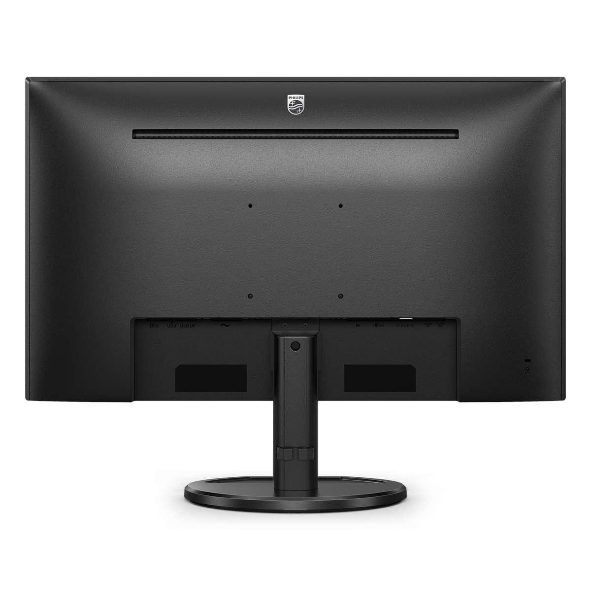 Vista posteriore di un monitor con varie porte e un supporto. Colore nero.