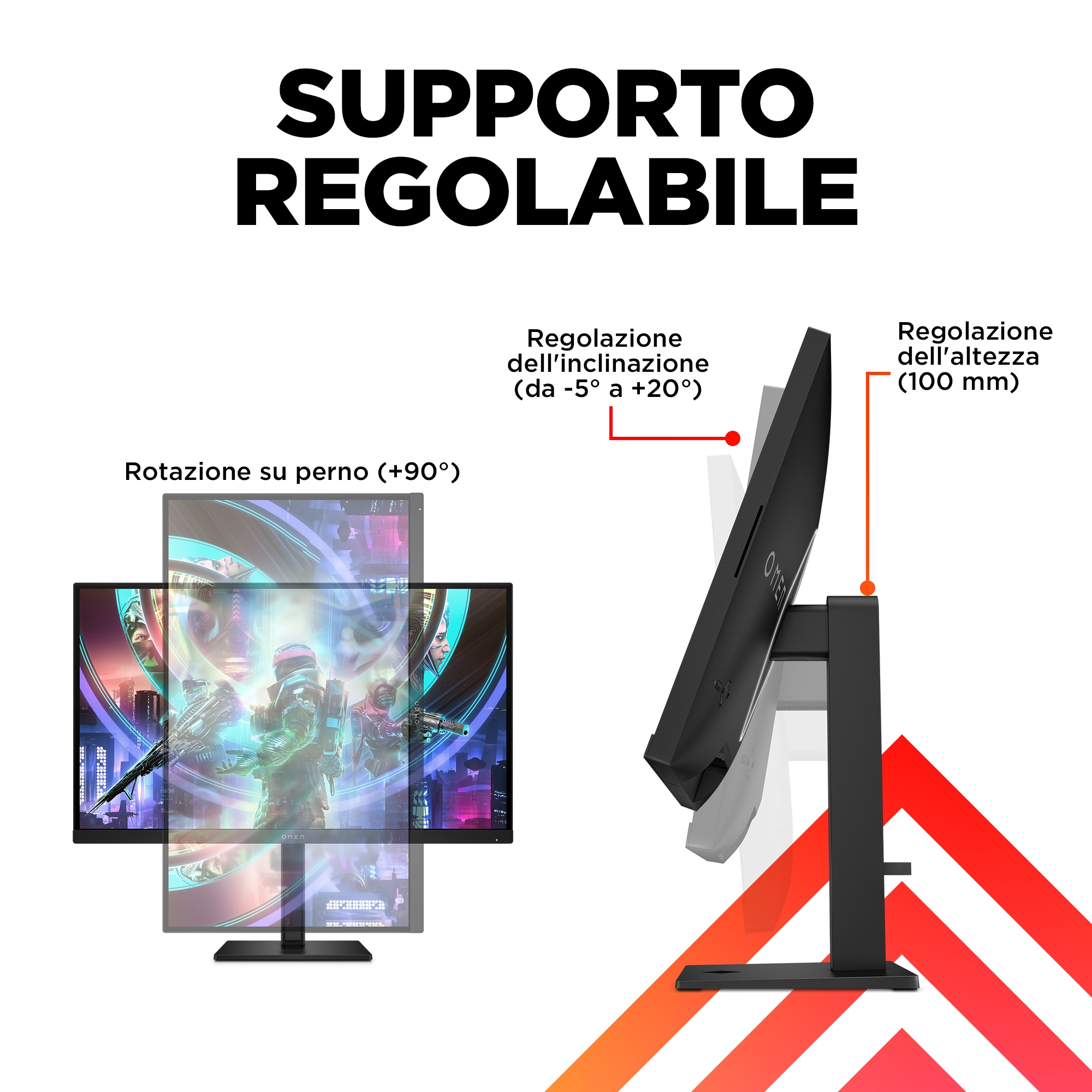 Schemat pokazujący regulowaną podstawę monitora z regulacją obrotu i wysokości.