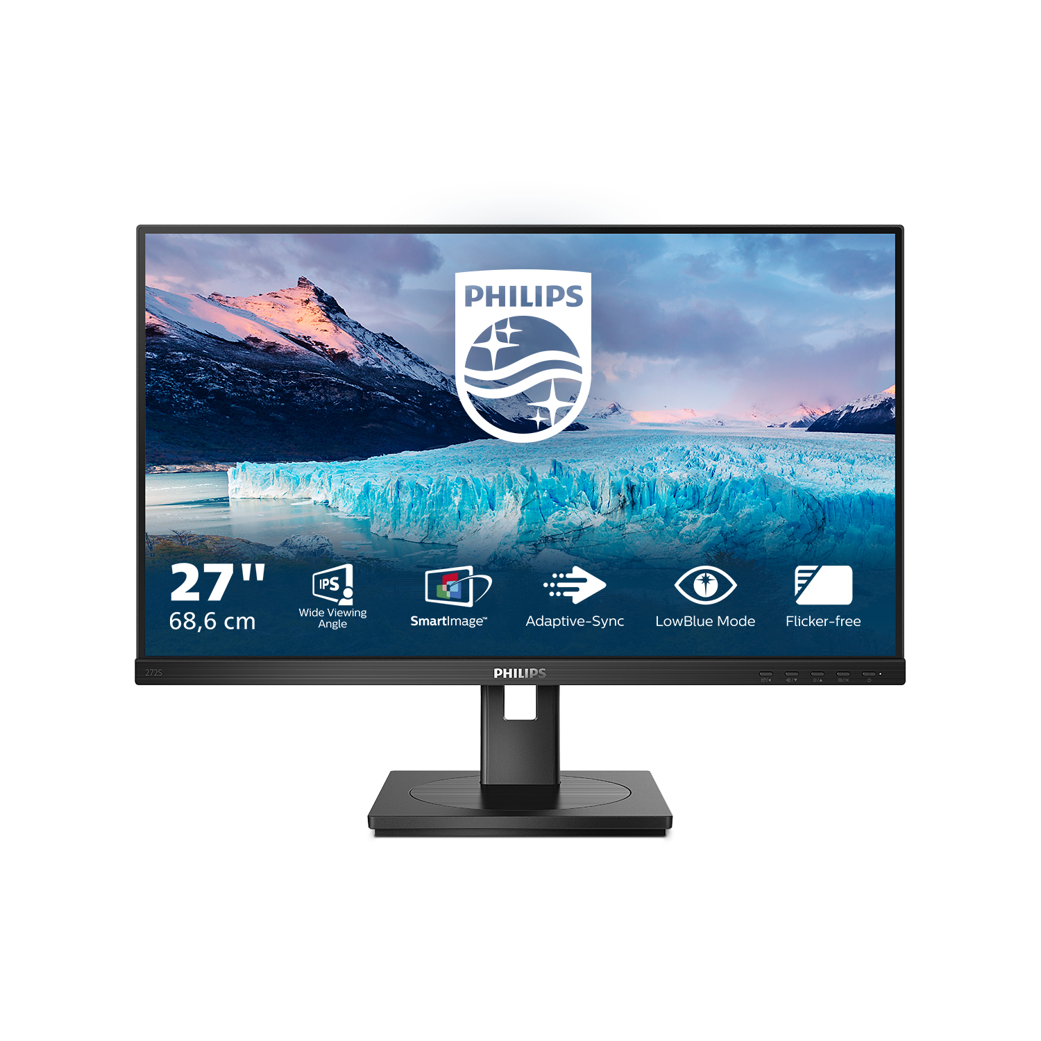 27-inch Philips monitor toont landschap, met tekstlabels.