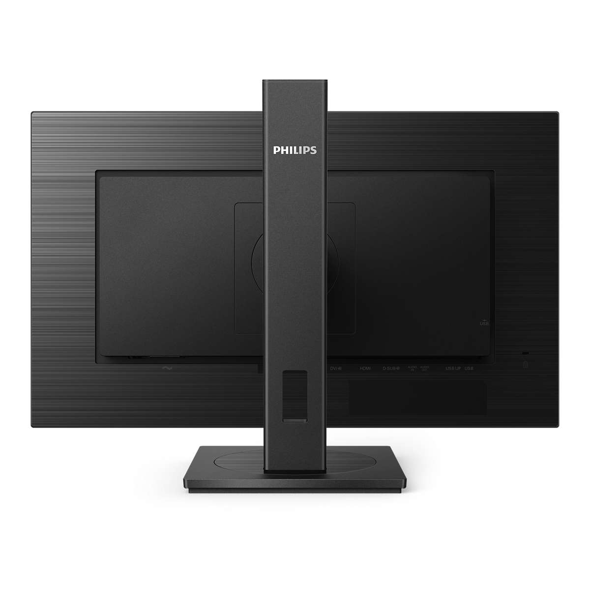De achterkant van de monitor met een zwart scherm en een standaard met het Philips-logo.