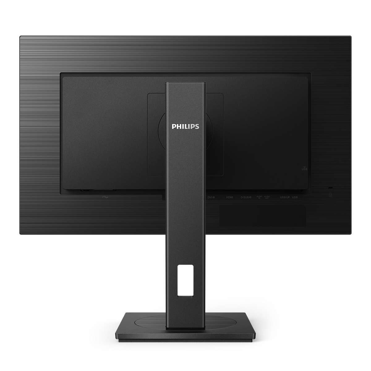 Achterkant van een zwarte monitor. Philips-logo gecentreerd op een standaard.