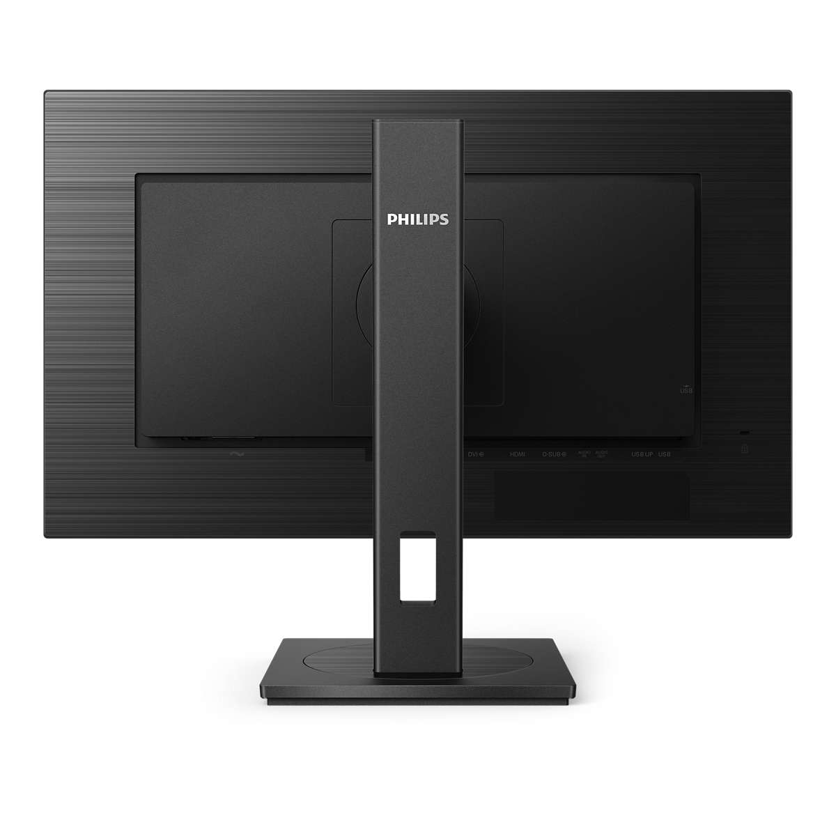Achteraanzicht van een zwarte monitor met standaard. Philips-logo op de standaard.