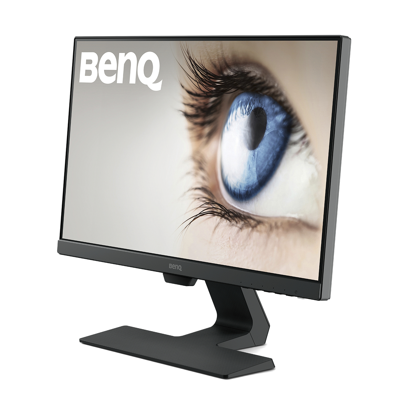 Un monitor BenQ mostra un primo piano di un occhio umano con iride blu.