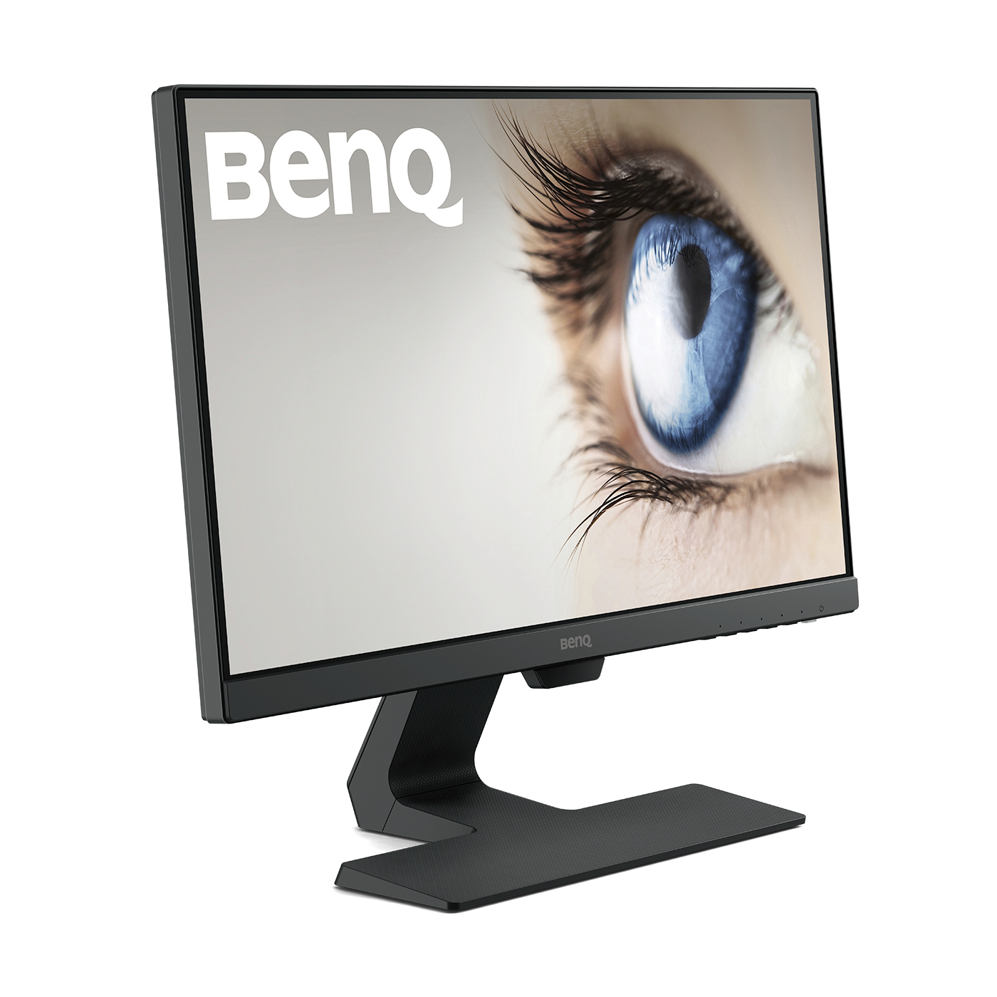 Monitor BenQ nero che mostra un primo piano di un occhio blu.