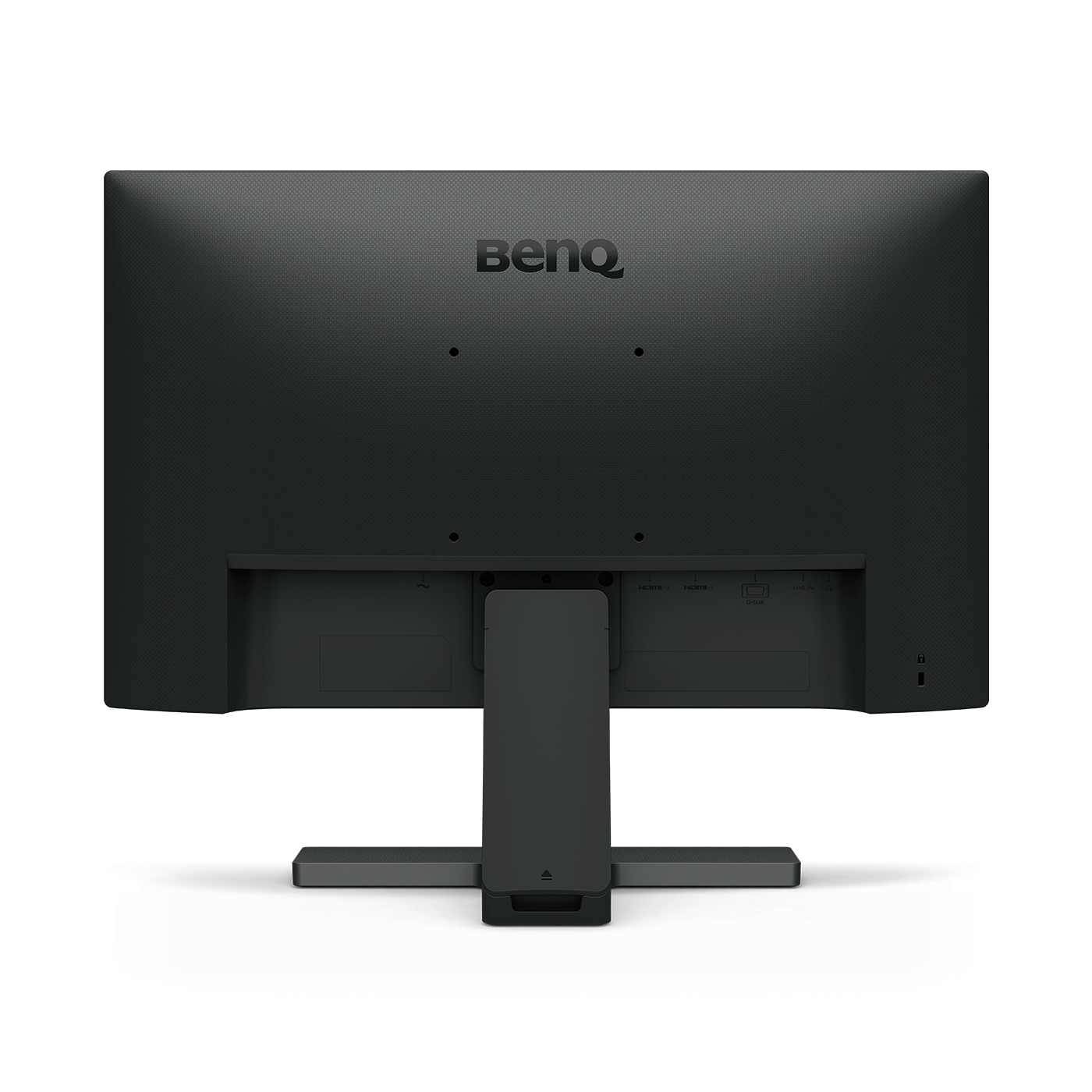 Vista posteriore di un monitor BENQ nero. Ha un supporto e varie porte.