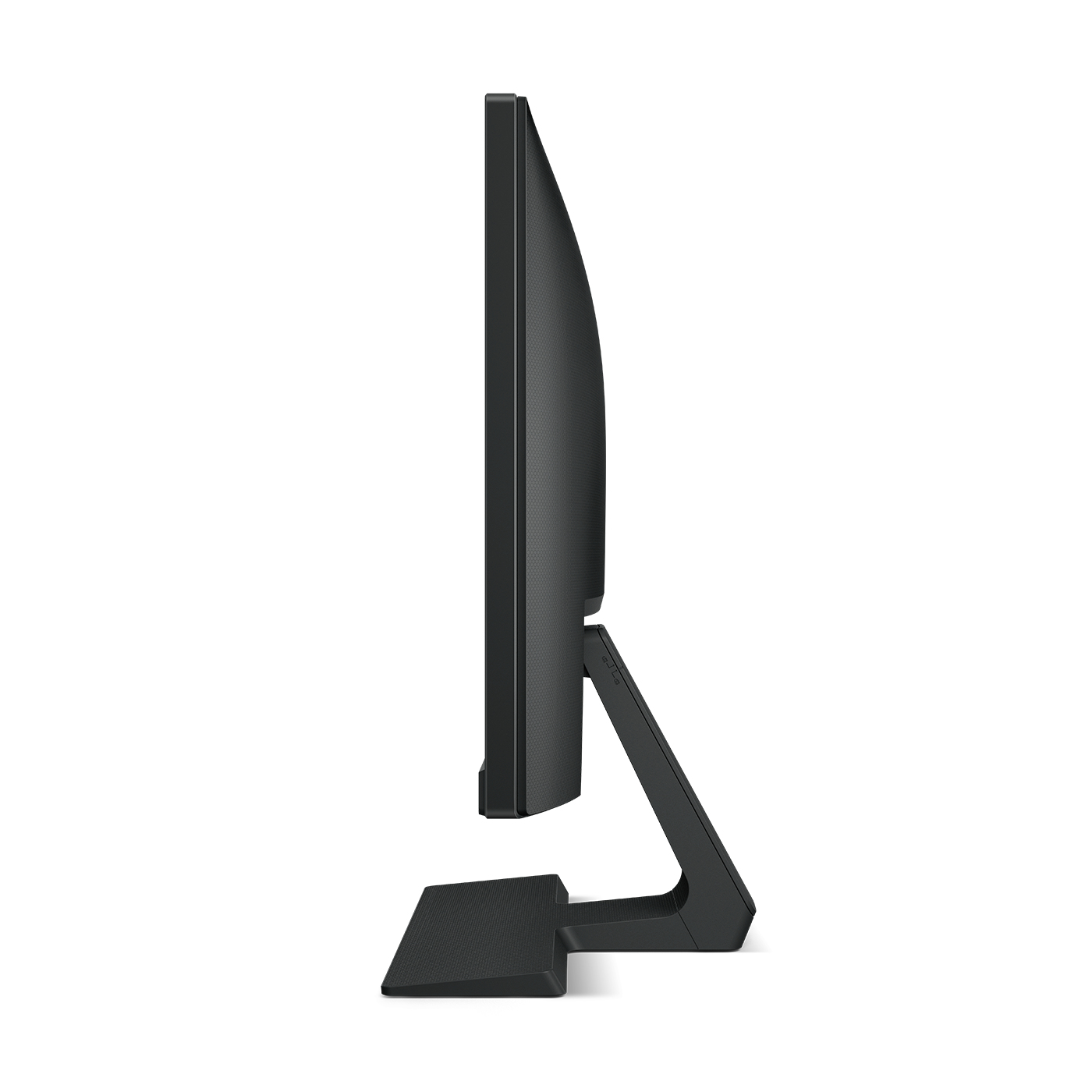 Una vista laterale di un monitor nero con un supporto.