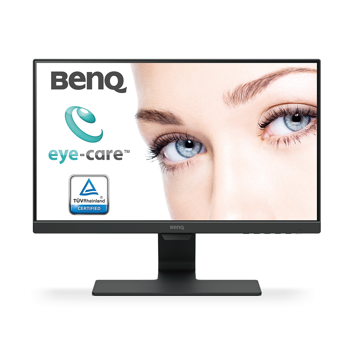 Monitor BenQ con logo e certificazione Eye-Care, mostra gli occhi di una donna.