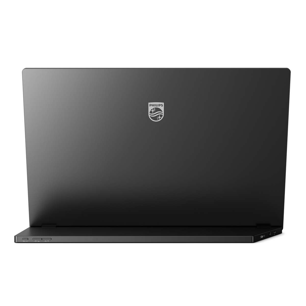 Laptop nero con logo Philips sul retro, vista angolata.
