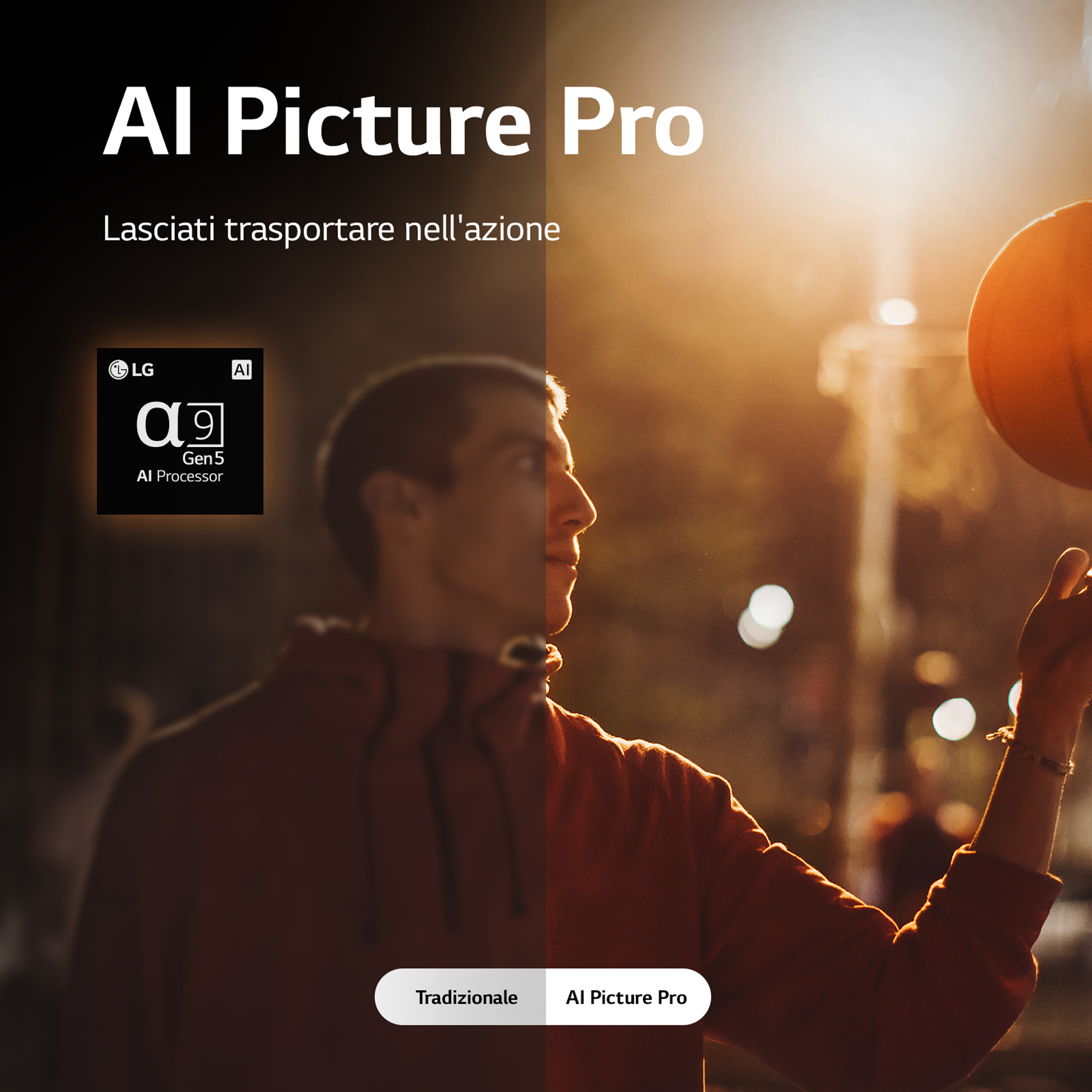 Mężczyzna rzuca piłką do koszykówki na zewnątrz, logo LG AI Picture Pro.