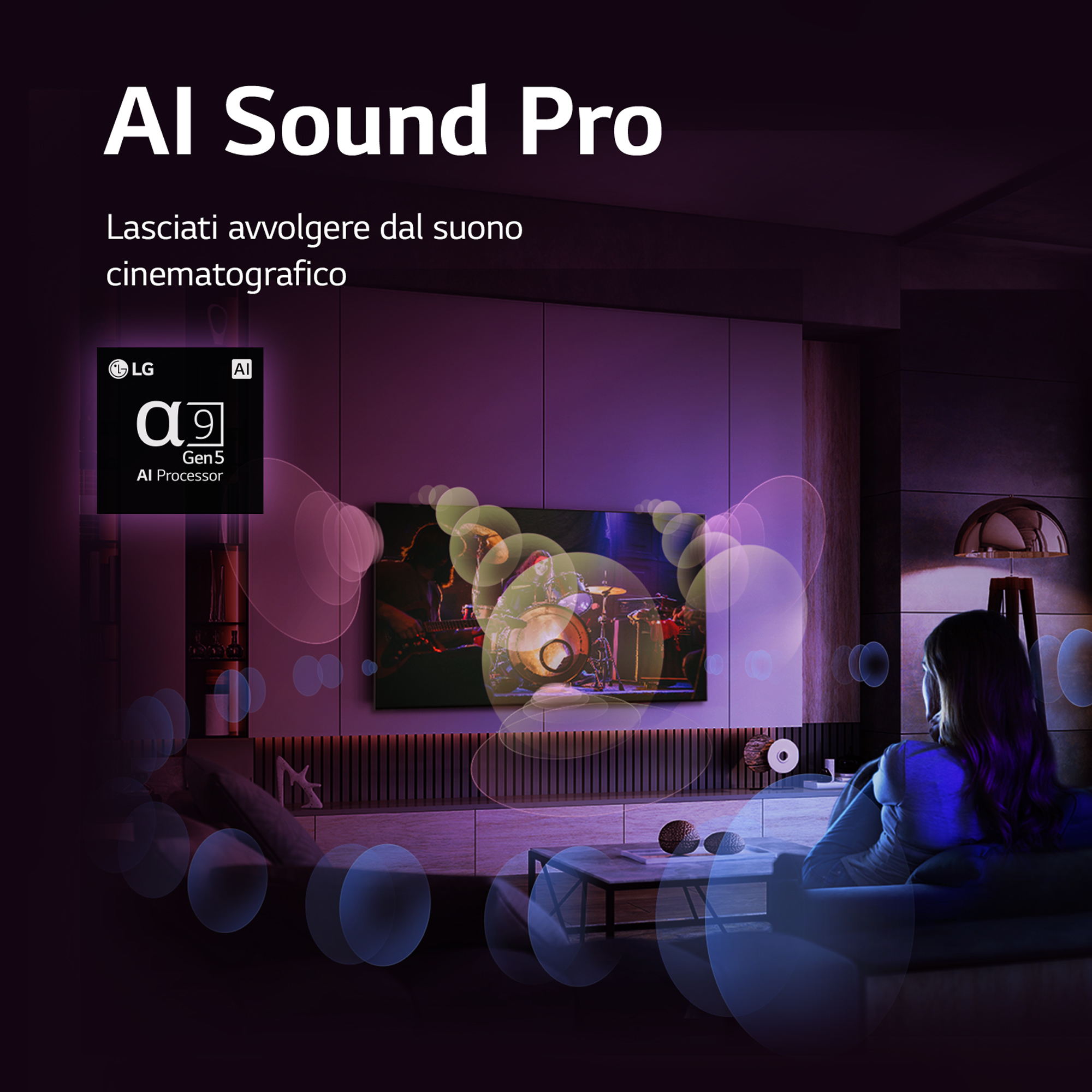 Telewizor wyświetlający obraz rodziny oglądającej film. Tekst: AI Sound Pro.