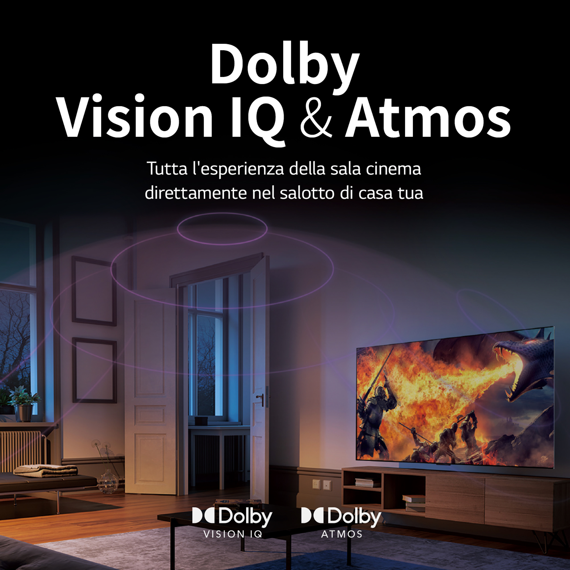 Scena we wnętrzu z telewizorem wyświetlającym film, reklama Dolby Vision IQ & Atmos.