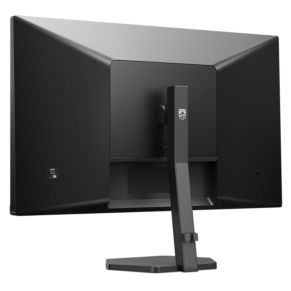 Retro del monitor nero con supporto. Ha porte e logo del marchio. Superficie strutturata.
