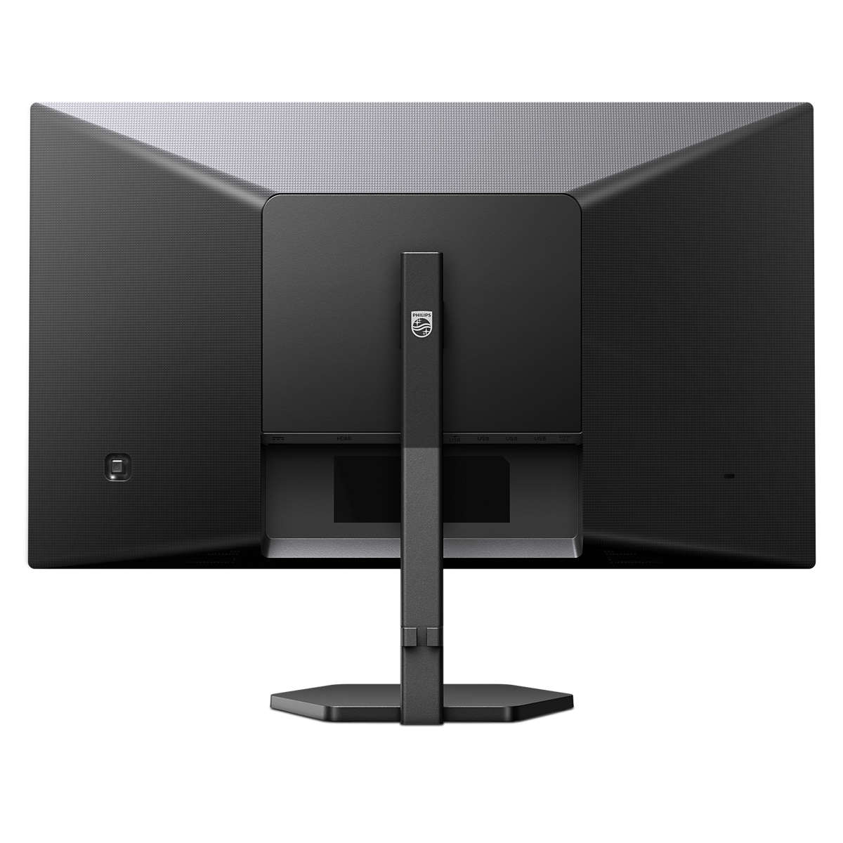 Il retro di un monitor per computer nero con supporto e varie porte visibili.