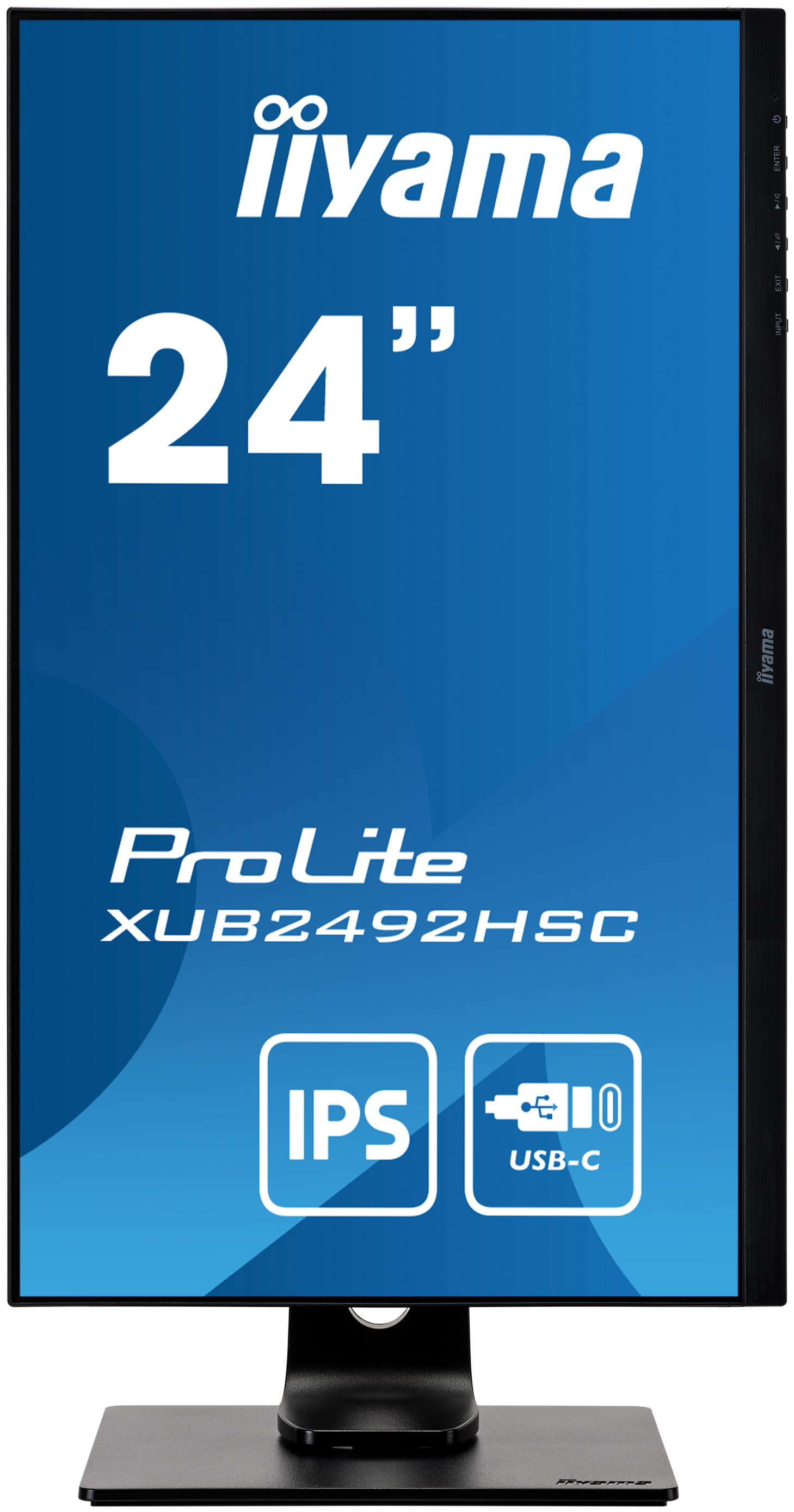 Monitor mit blauem Bildschirm und Text. '24"' und 'ProLite'. Mit 'IPS' und 'USB-C'.