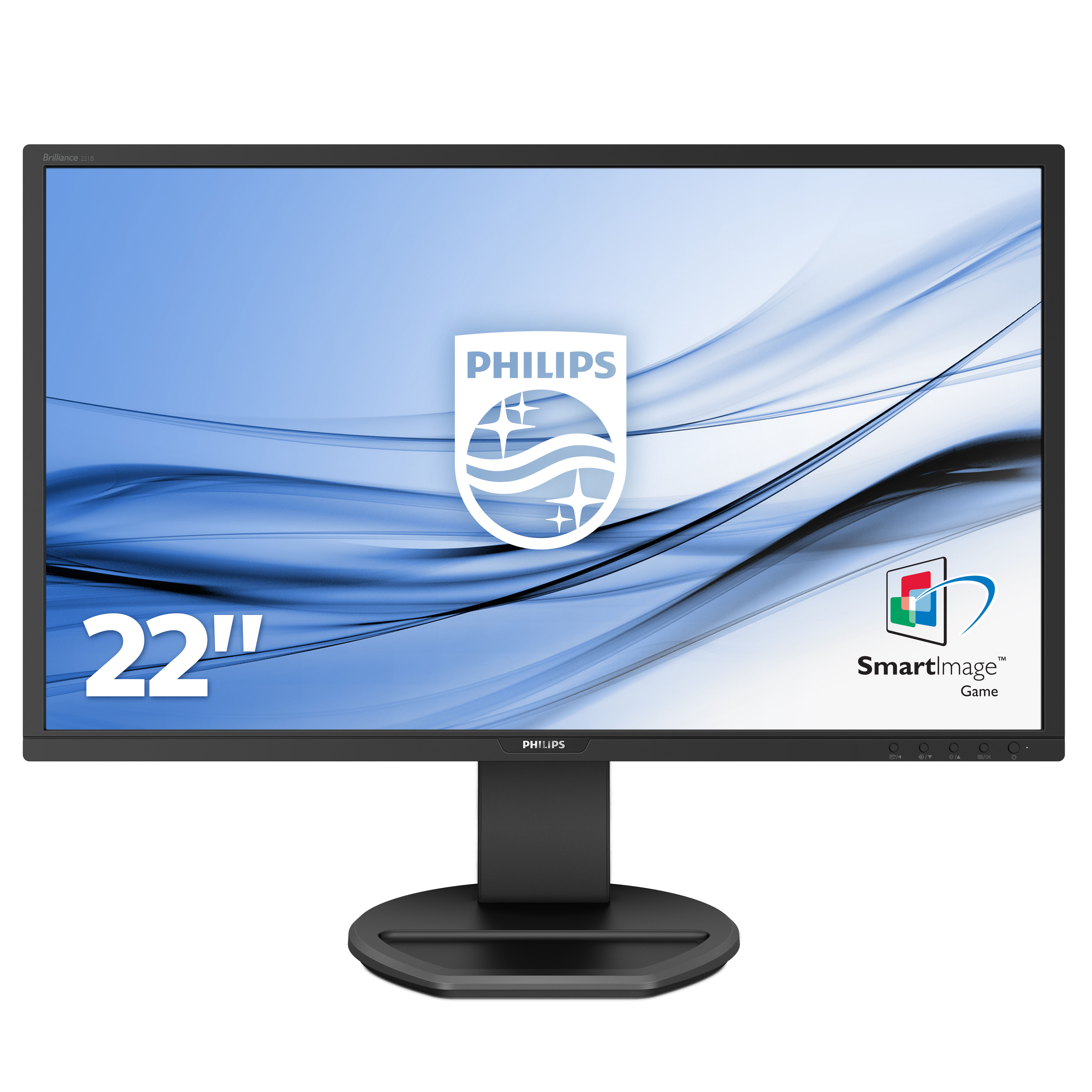 Widok z przodu monitora Philips. Ekran wyświetla niebieskie fale z logo Philips pośrodku.