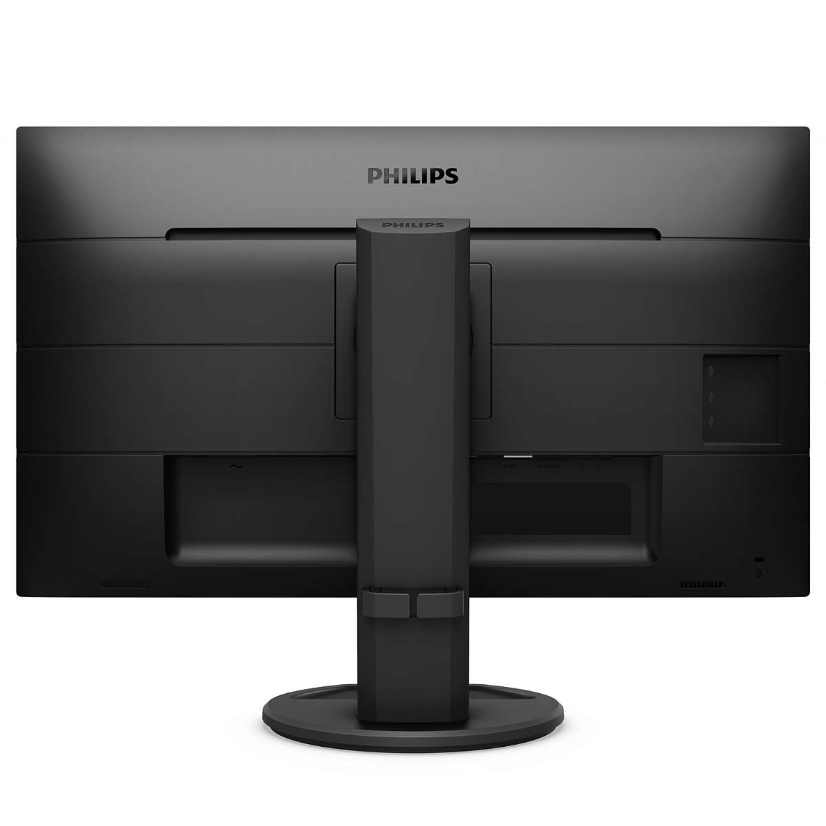 Tył czarnego monitora z logo Philips. Ma centralną podstawę i porty.
