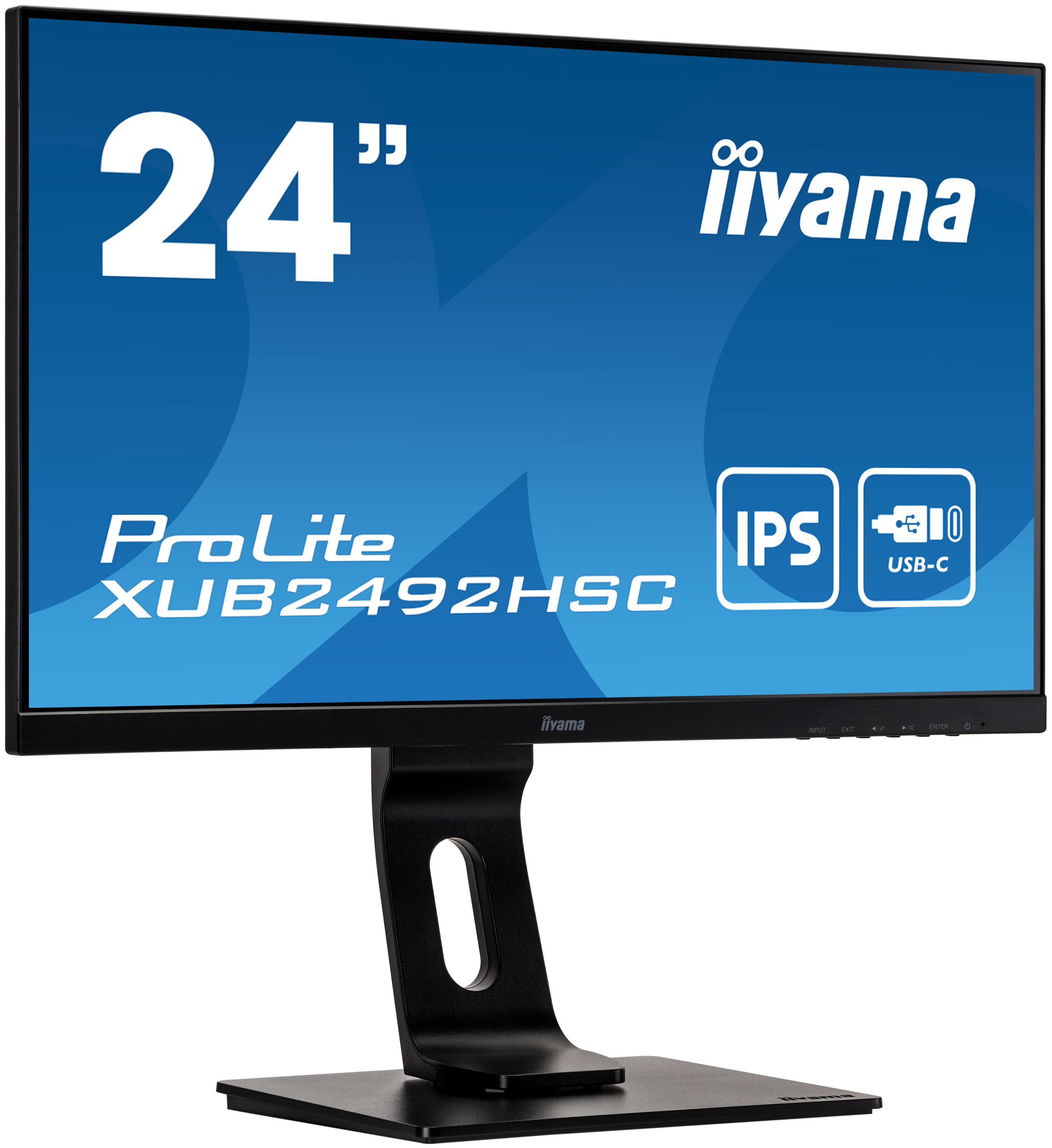 24-Zoll Iiyama ProLite-Monitor mit schwarzem Ständer, zeigt den Bildschirm.