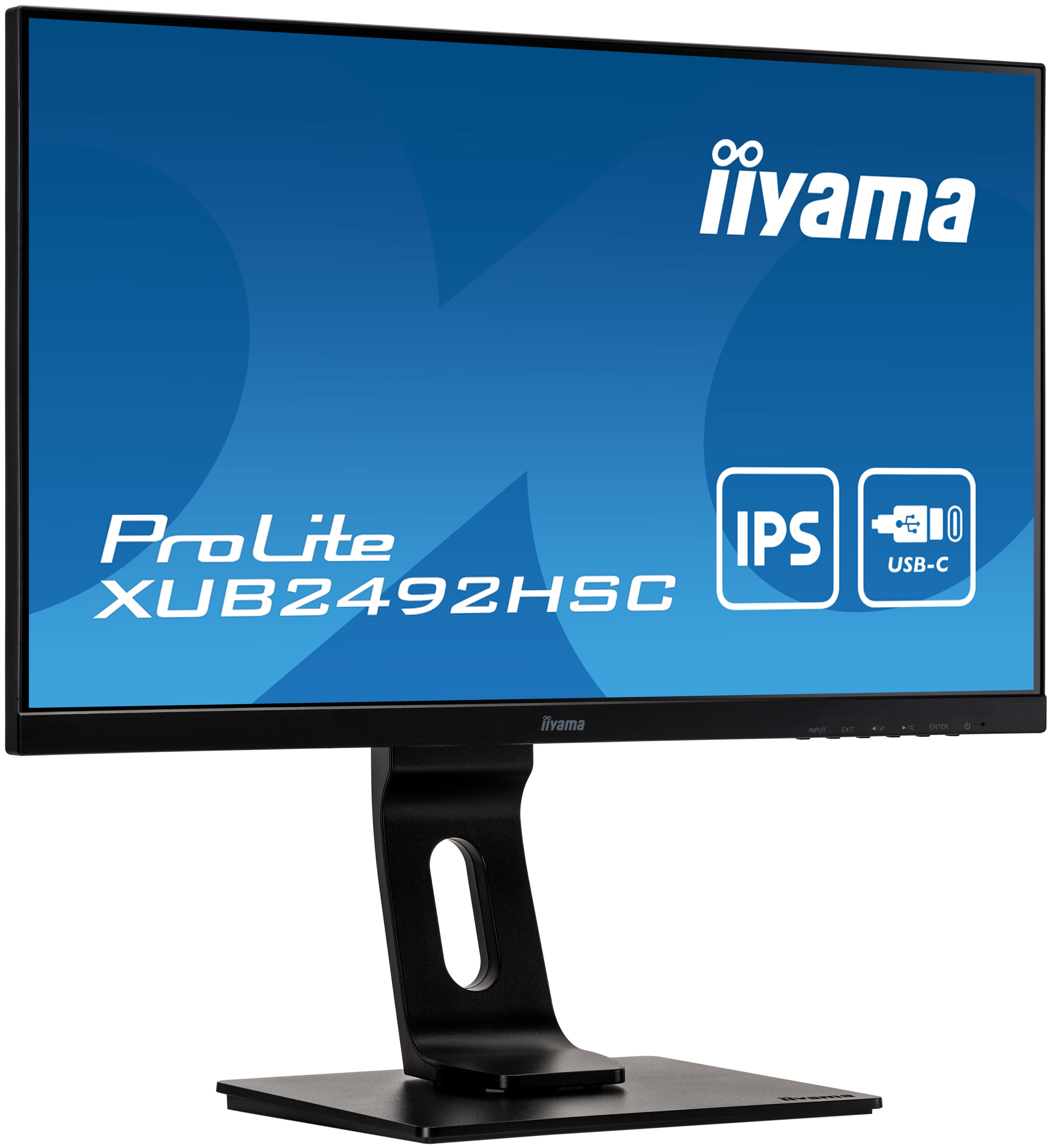 Ein Iiyama ProLite-Monitor mit blauem Bildschirm. Er hat die IPS- und USB-C-Etiketten.