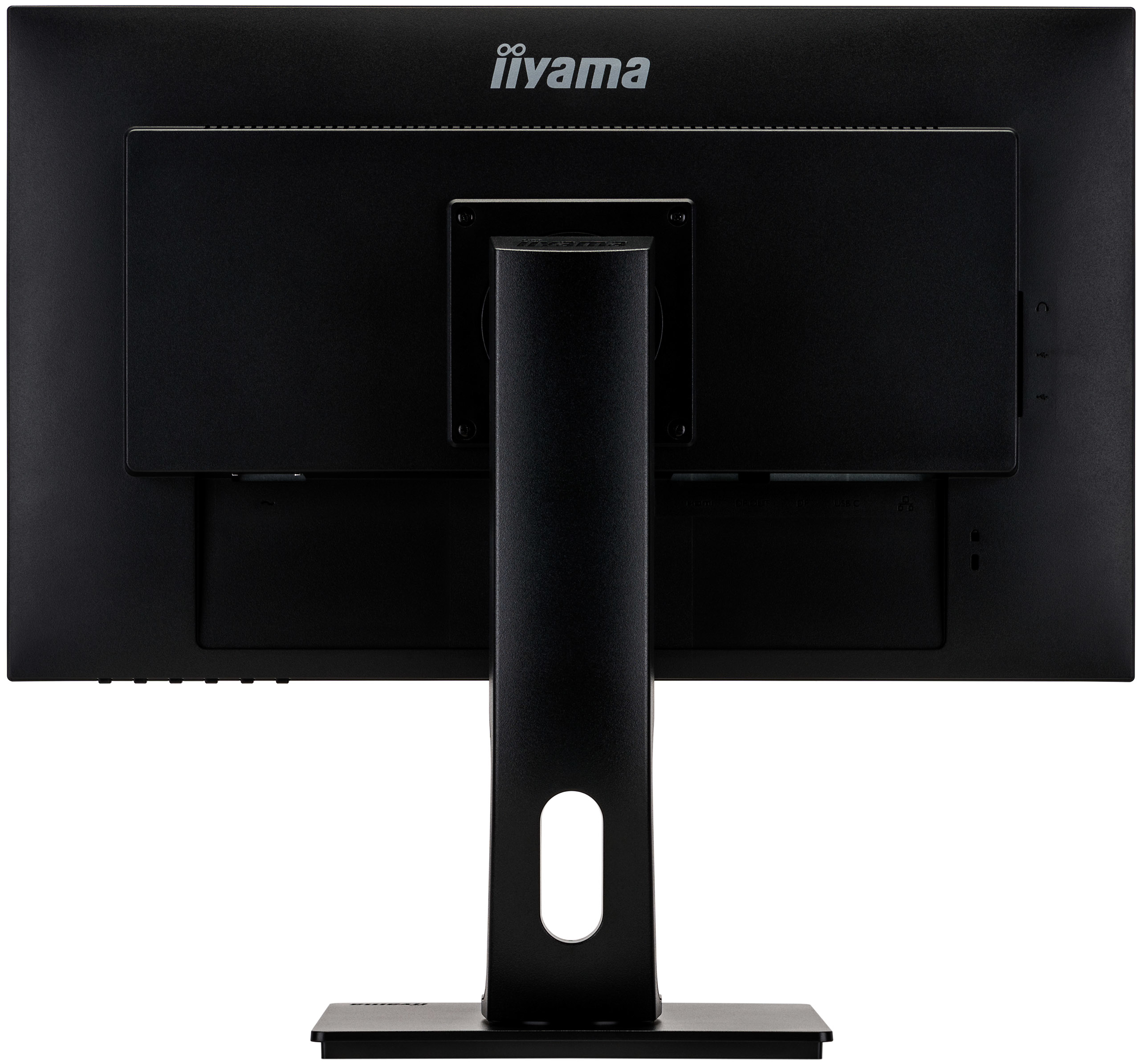 Rückansicht eines Iiyama-Monitors mit großem Ständer, das Markenlogo oben.