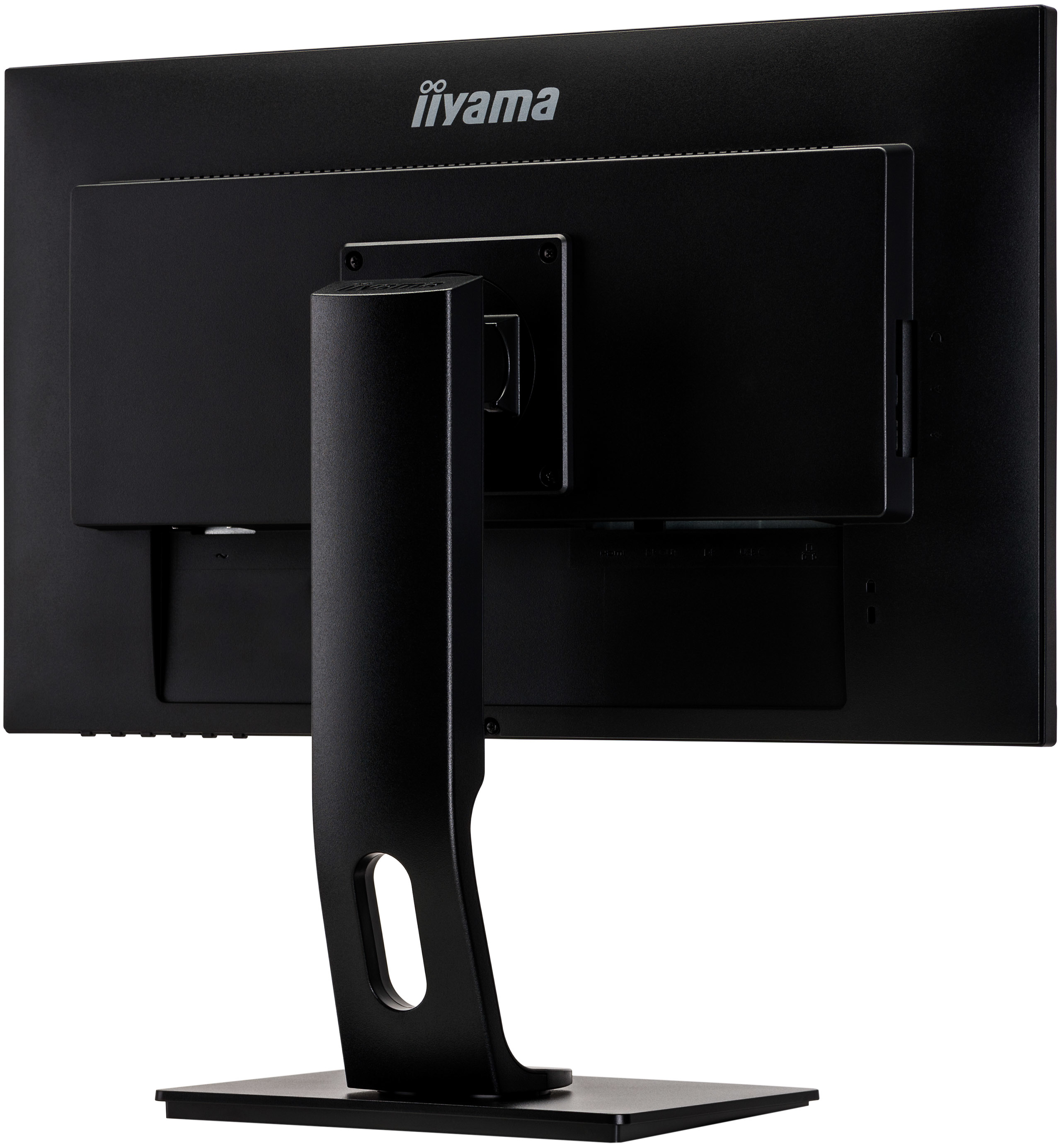 Schwarzer Computermonitor Rückansicht mit Ständer, die Marke ist 'iiyama'.