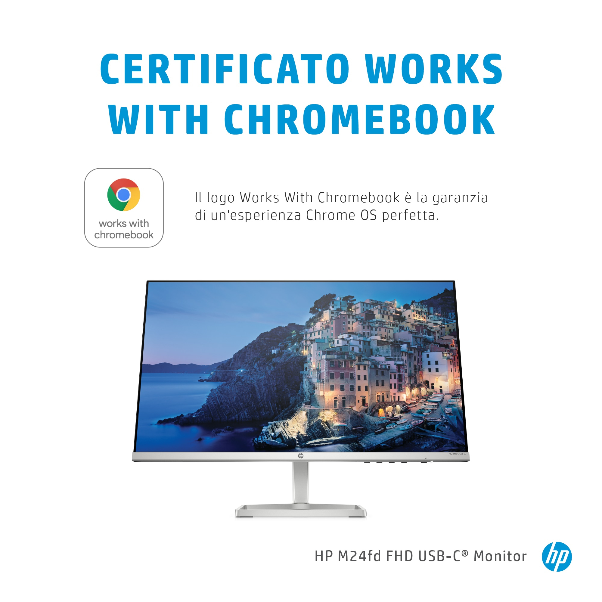 Monitor HP con immagine di una città costiera e testo sulla compatibilità con Chromebook.