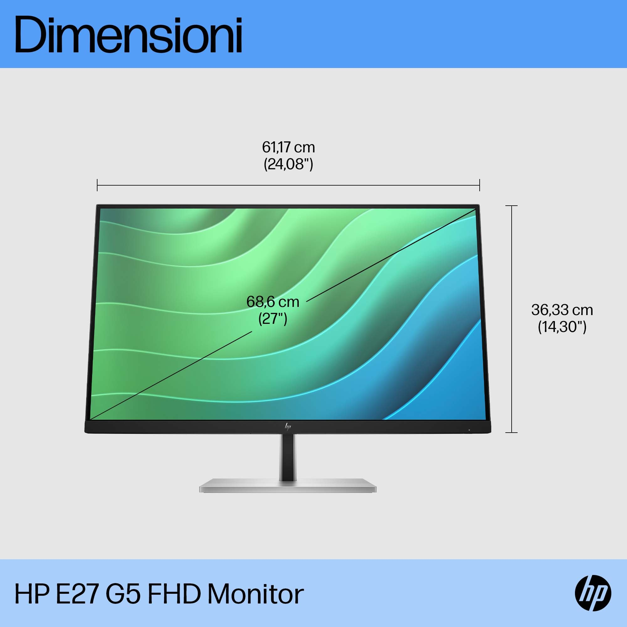 Vorderansicht des HP-Monitors. Abmessungen: 61,17 cm, 68,6 cm, 36,33 cm.