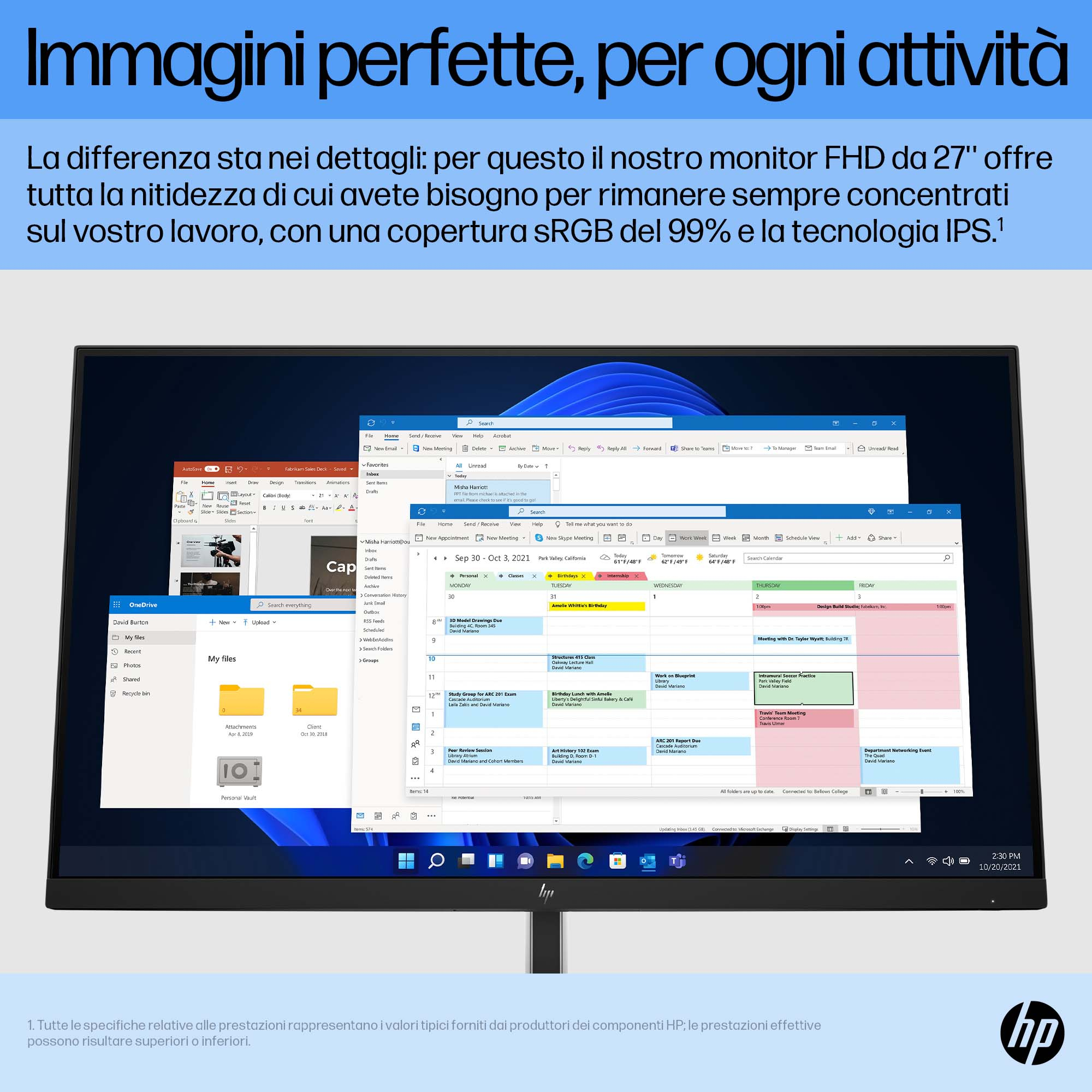 Ein schwarzer Monitor zeigt einen Bildschirm mit mehreren geöffneten Fenstern. Text unten, zur Werbung für den Monitor.