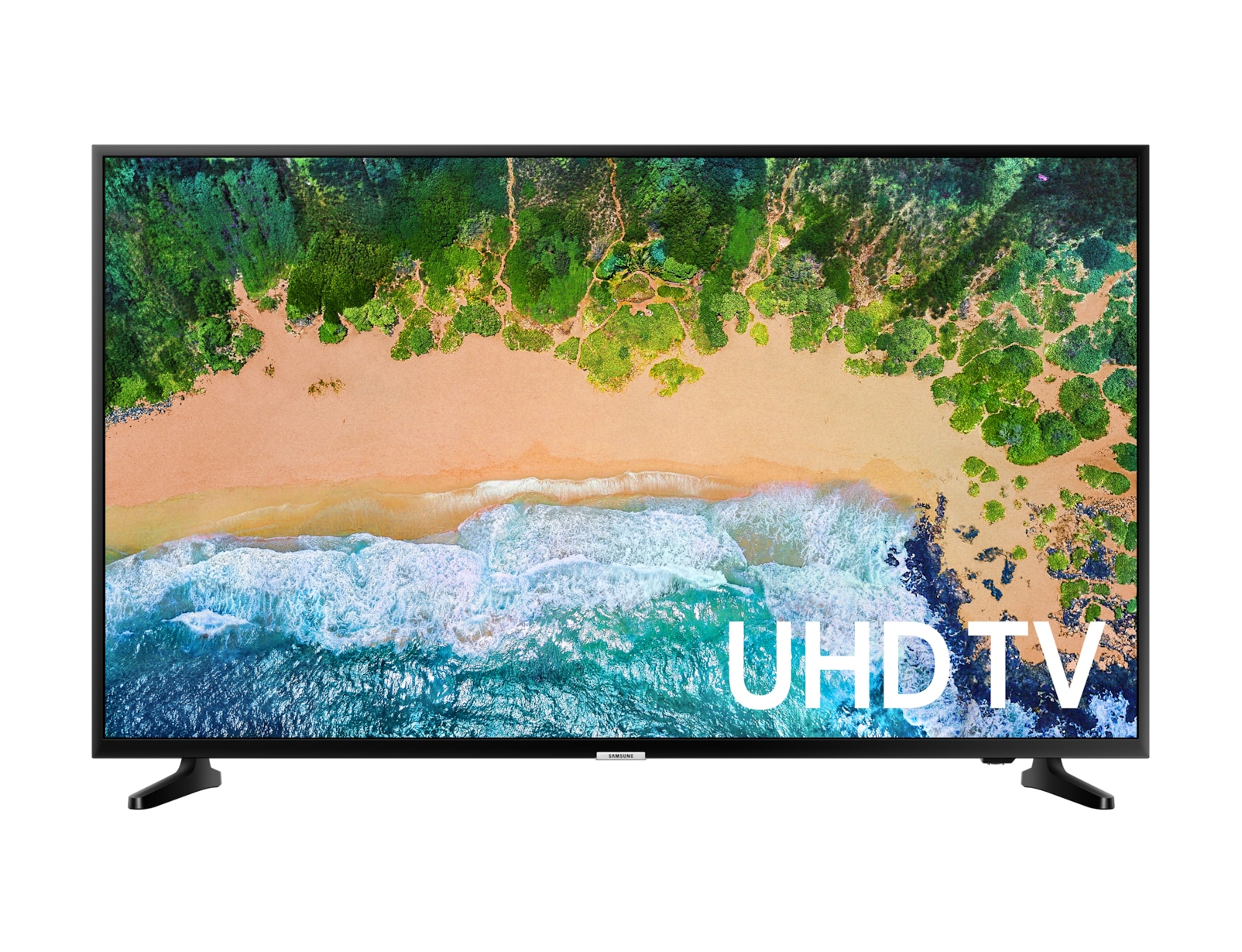 TV Samsung UHD che mostra una scena di spiaggia con onde oceaniche e il testo 'UHD TV'.