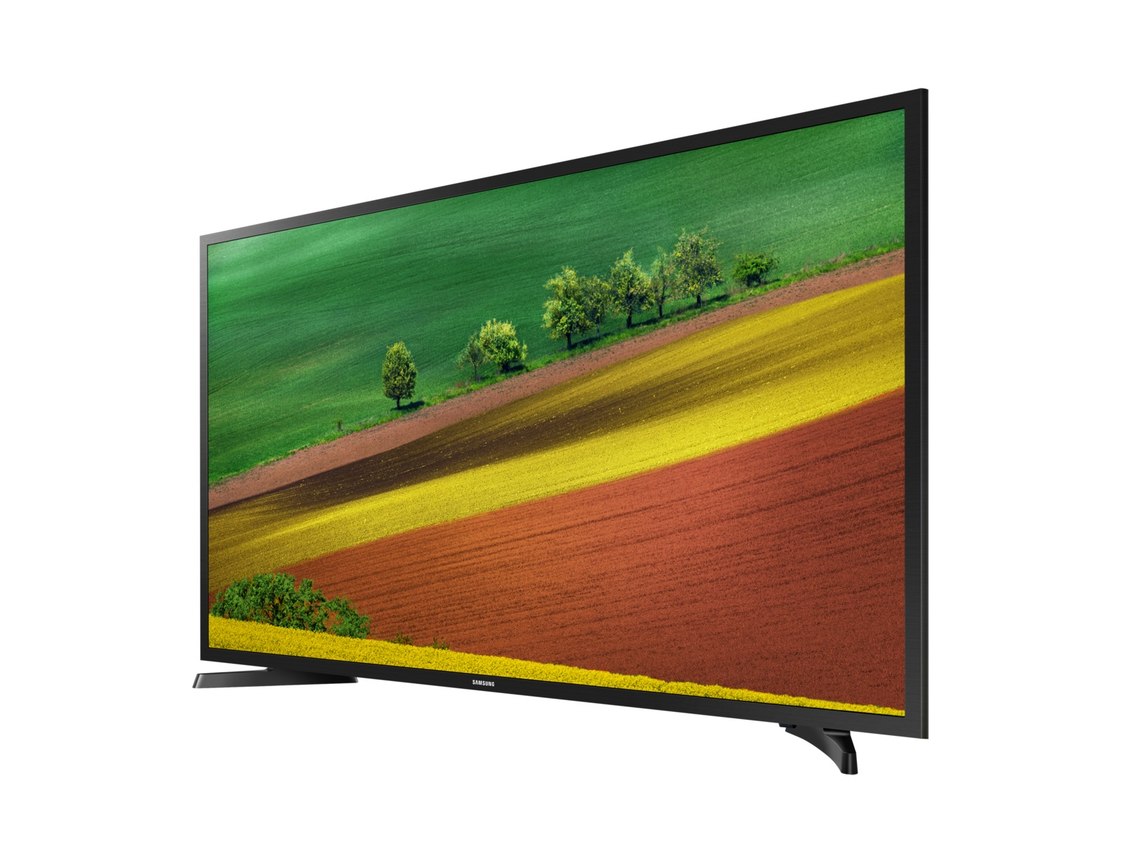 Un televisore Samsung mostra una scena di campo con macchie verdi e marroni. Il TV è su sfondo bianco.