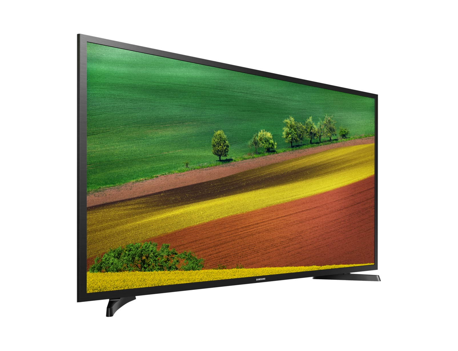 Un televisore Samsung mostra un campo con sezioni verdi, gialle e marroni, con alberi.