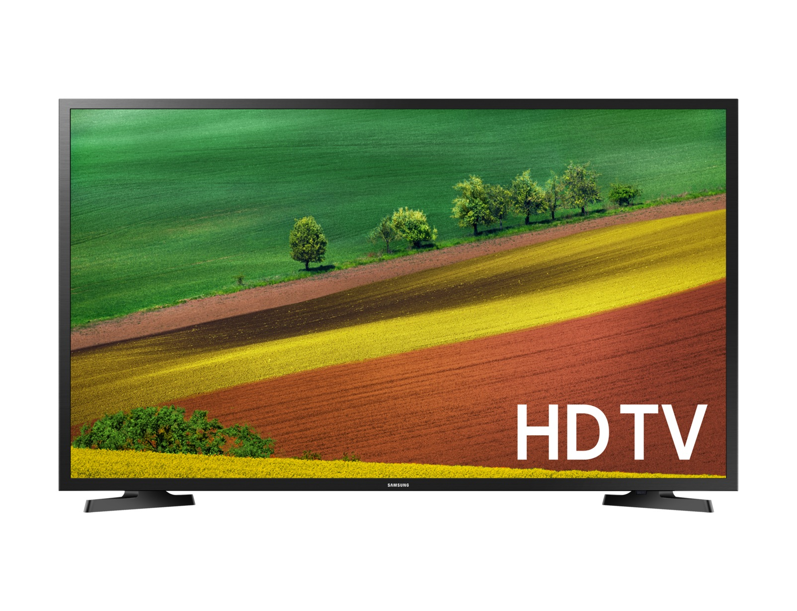 HDTV che mostra una scena di campo colorata. La TV è nera con supporto nero.