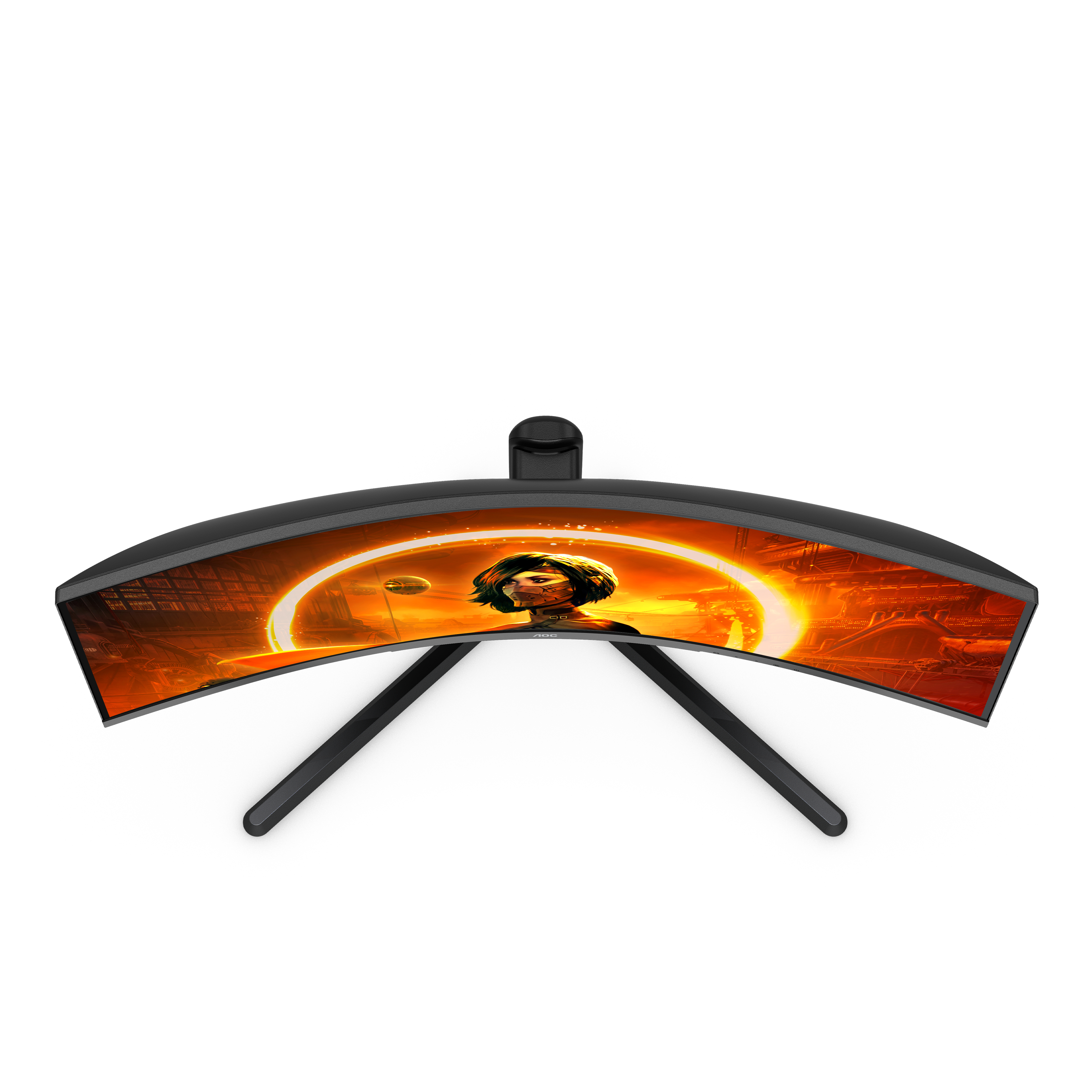 Monitor curvo con gráficos de juegos, marco y soporte negros.