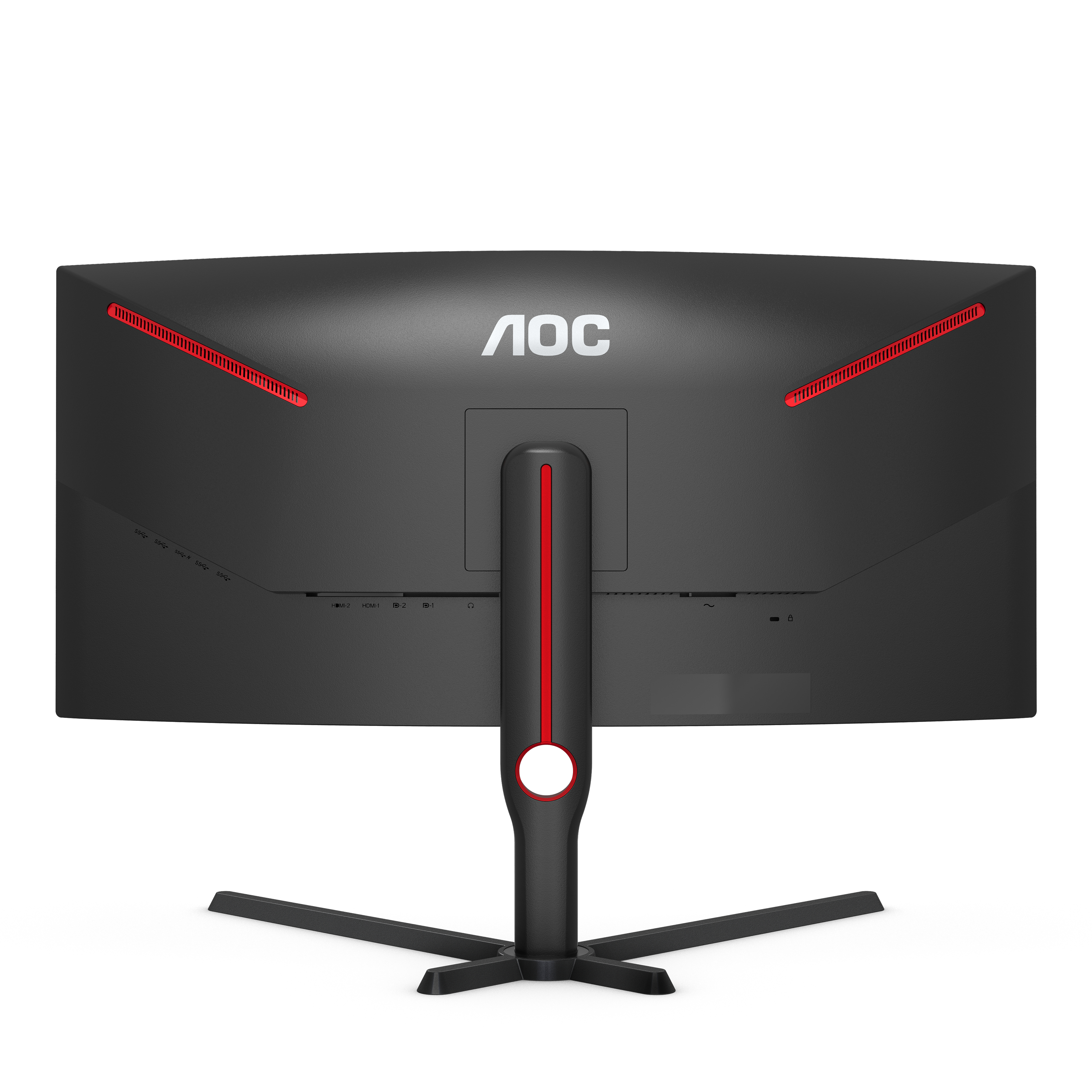 Parte trasera de un monitor AOC negro con detalles rojos y un soporte.