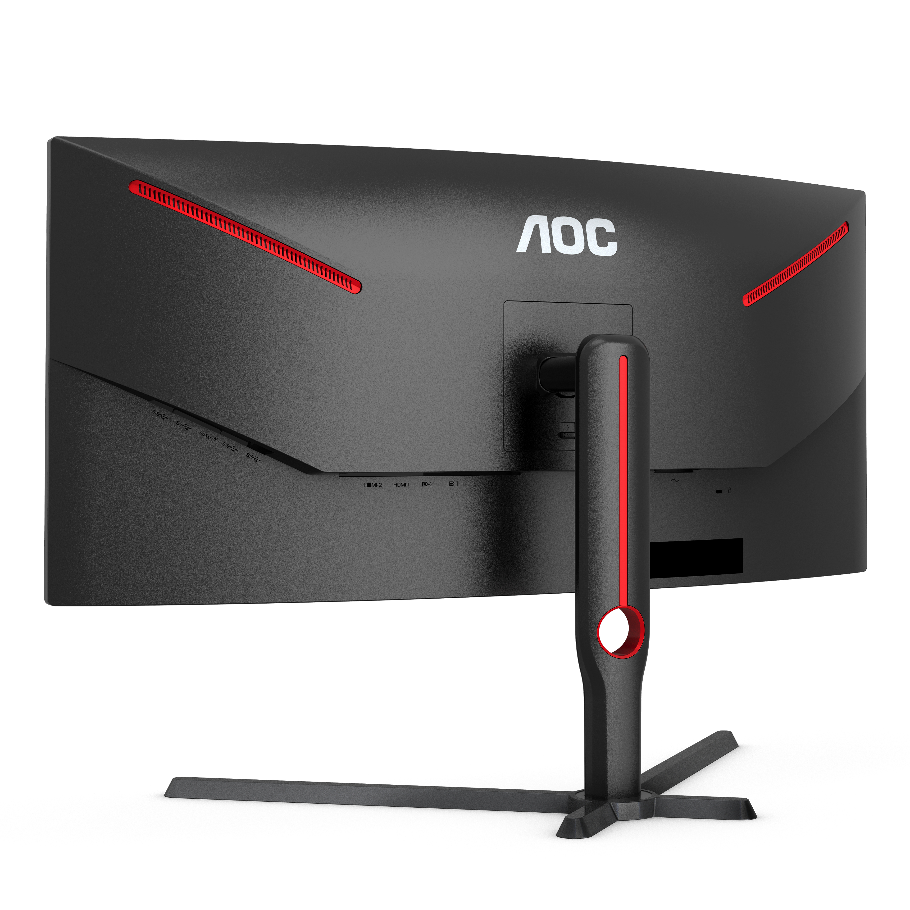 Parte trasera de un monitor AOC. Negro con acentos rojos y soporte.