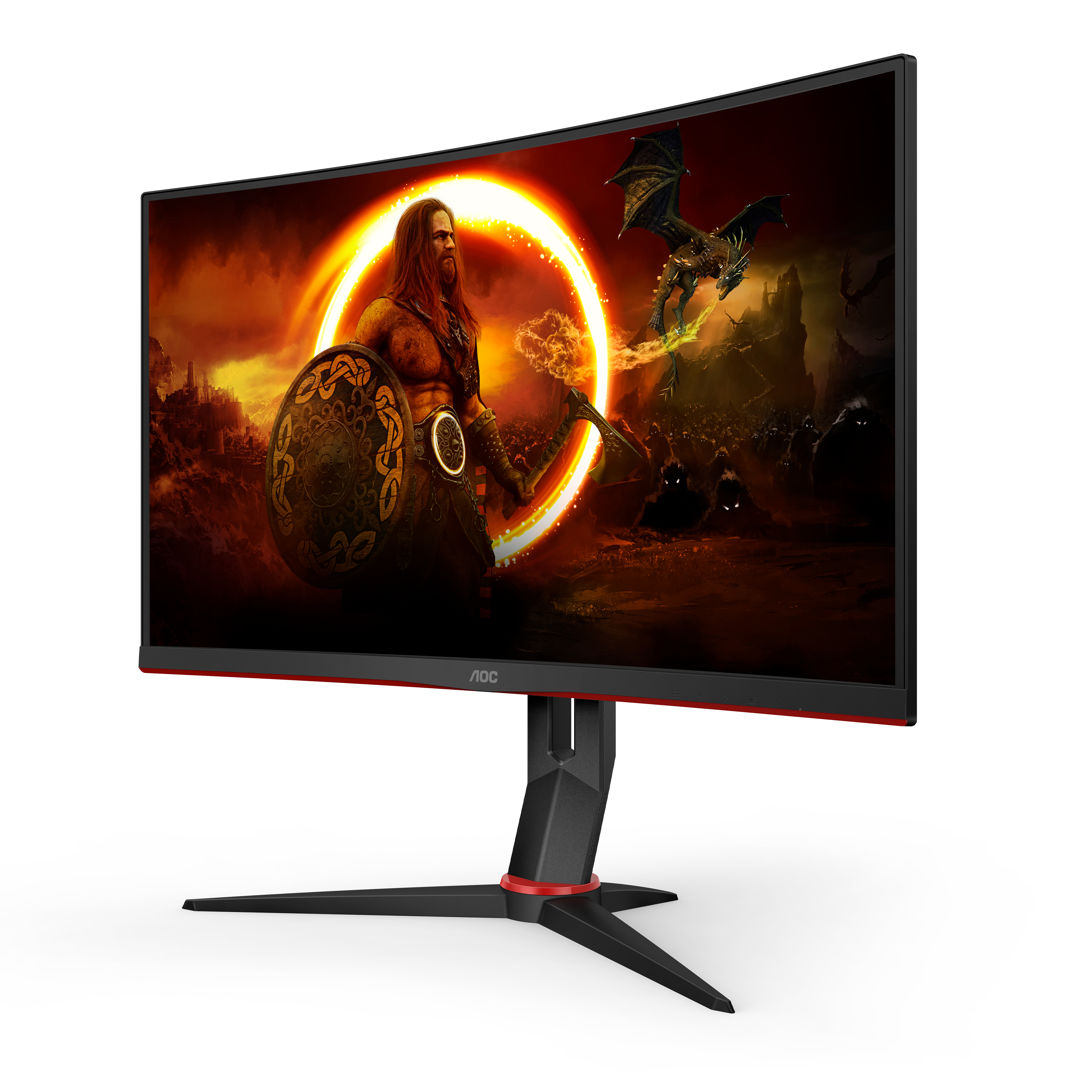 Monitor curvo con scena fantasy: guerriero, scudo, drago e fuoco. Cornice nera e dettagli rossi.