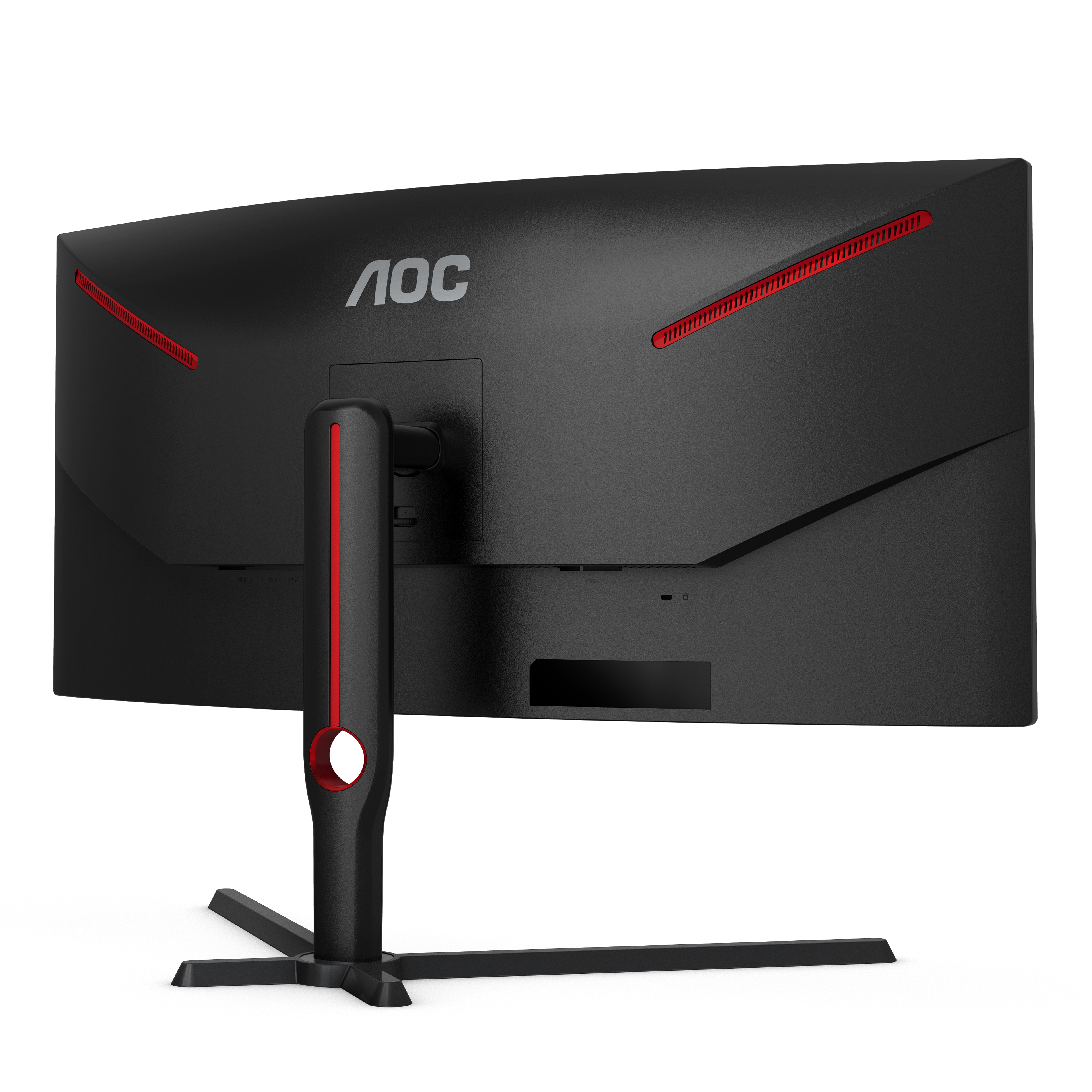 Parte trasera del monitor curvo AOC, con detalles rojos y soporte.