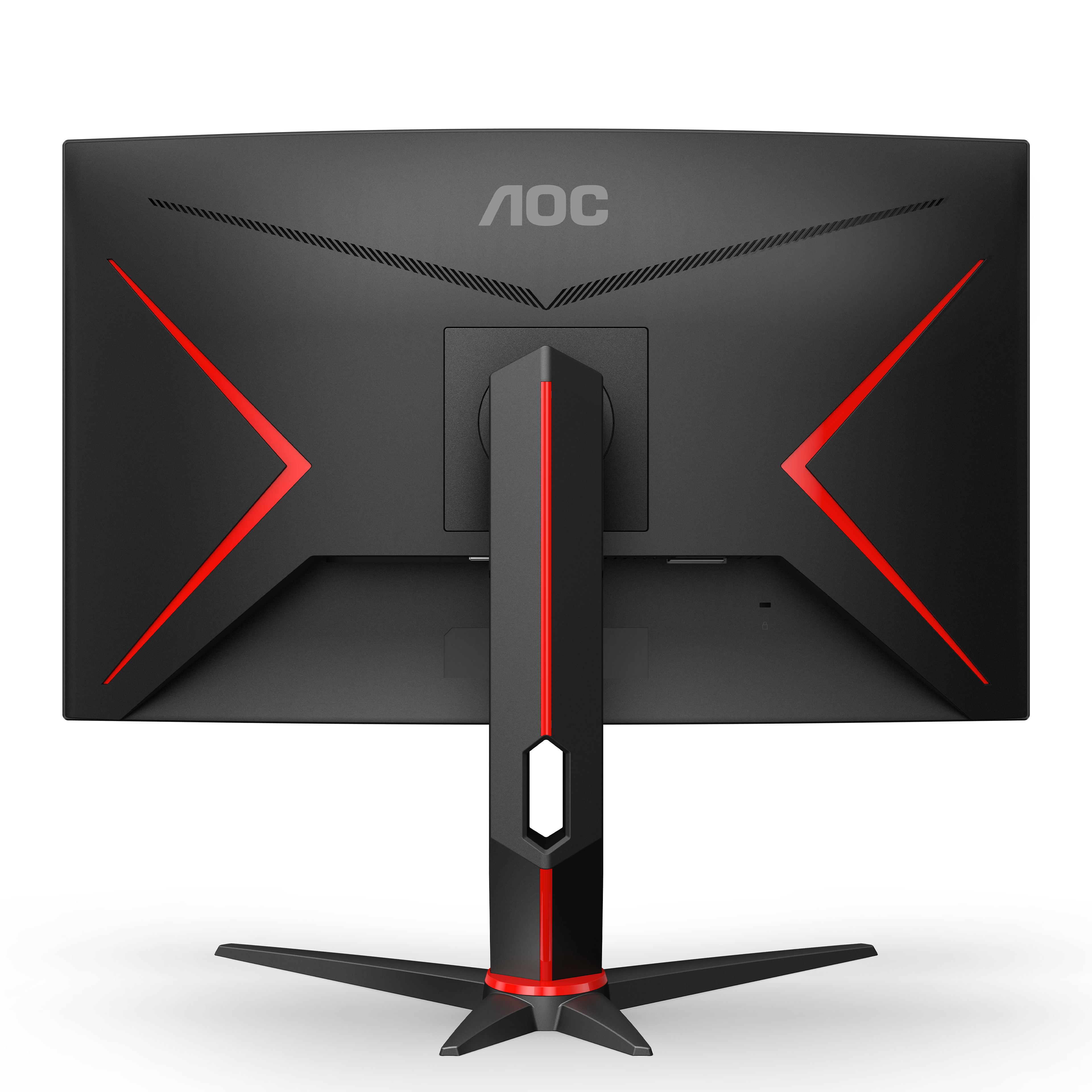 Retro del monitor AOC. Nero con dettagli rossi. Logo AOC in alto.