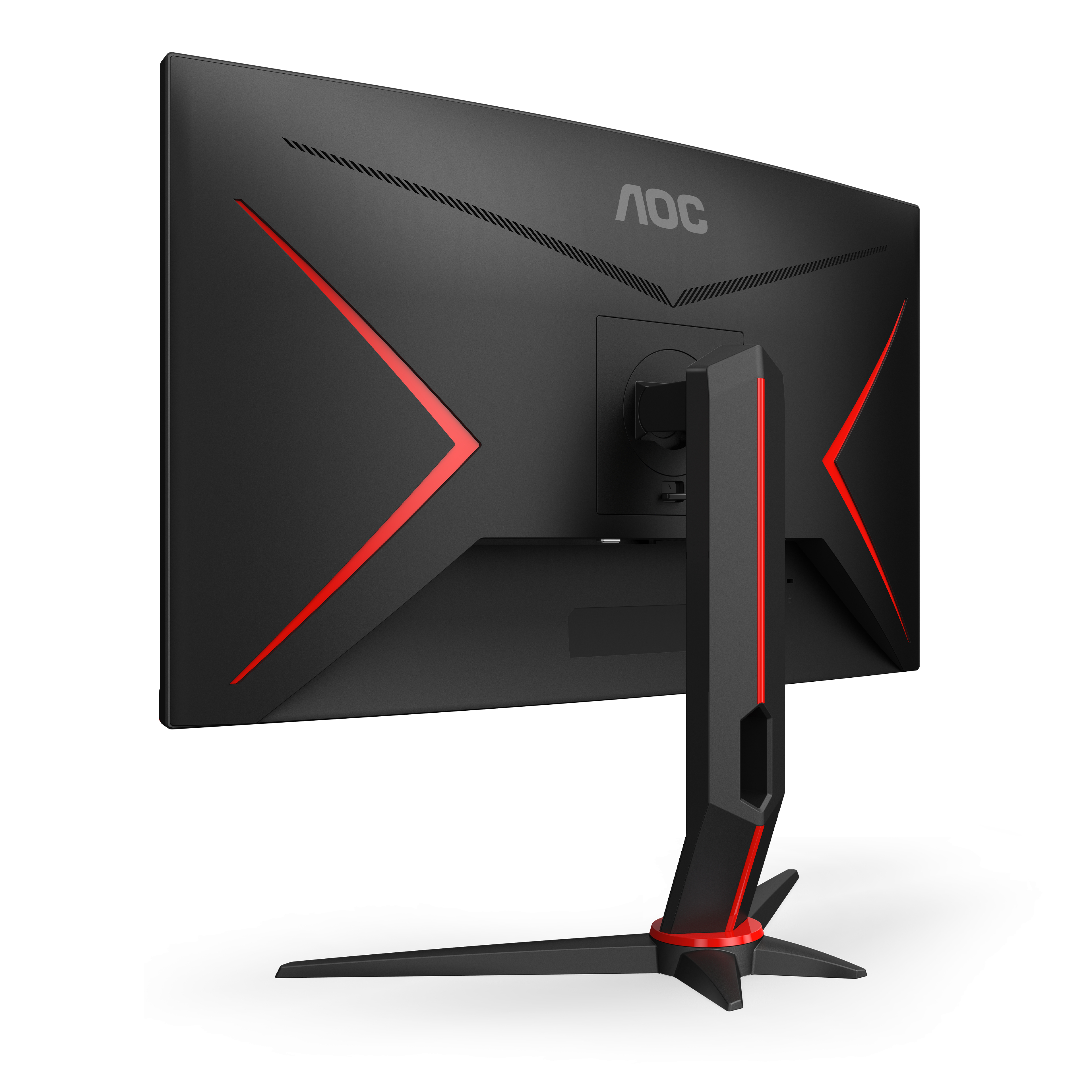 Retro di un monitor AOC nero con dettagli rossi, supporto nero e rosso, su una superficie bianca.