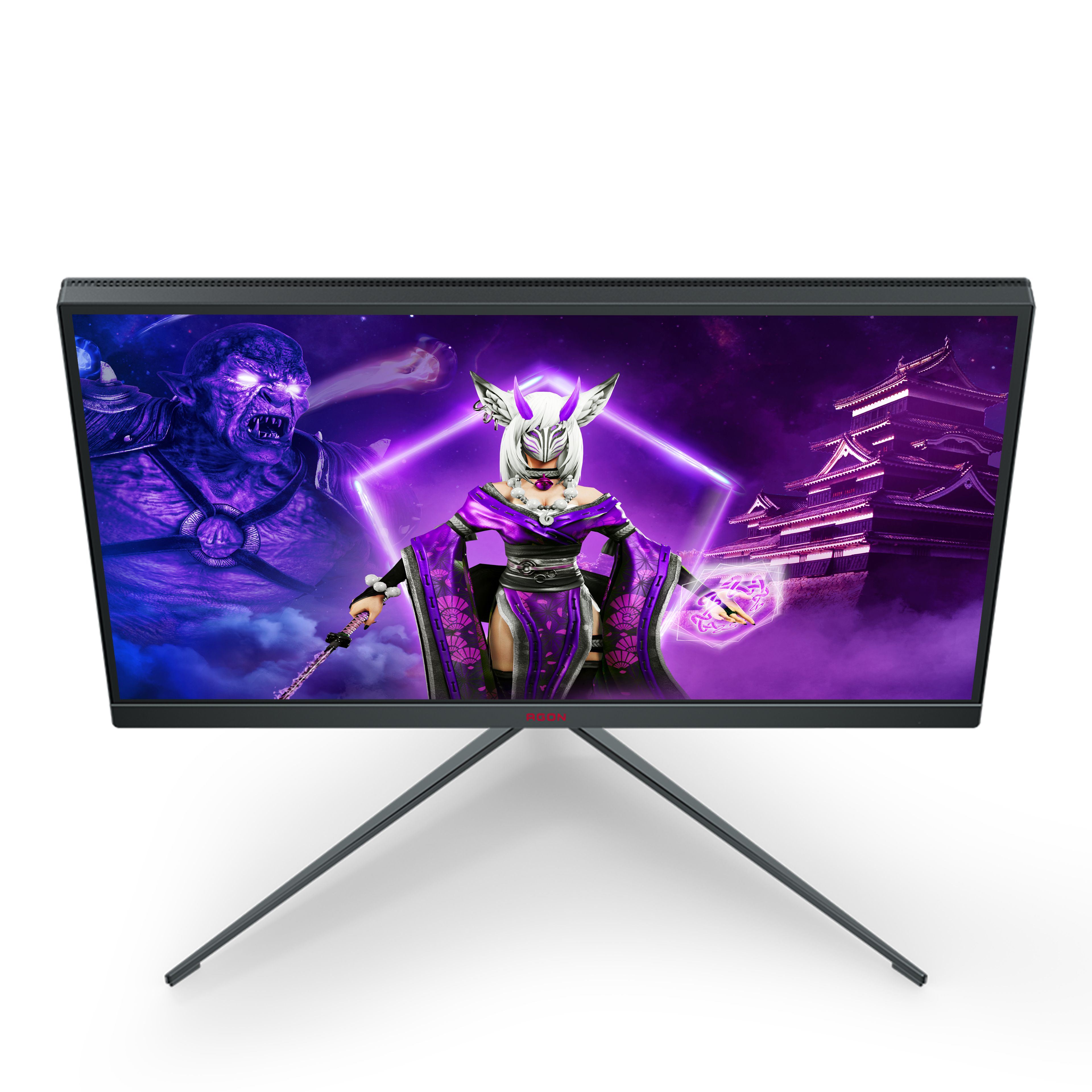 Un monitor da gioco mostra una scena fantasy. Una donna in viola in piedi, e un mostro a sinistra, su sfondo bianco.