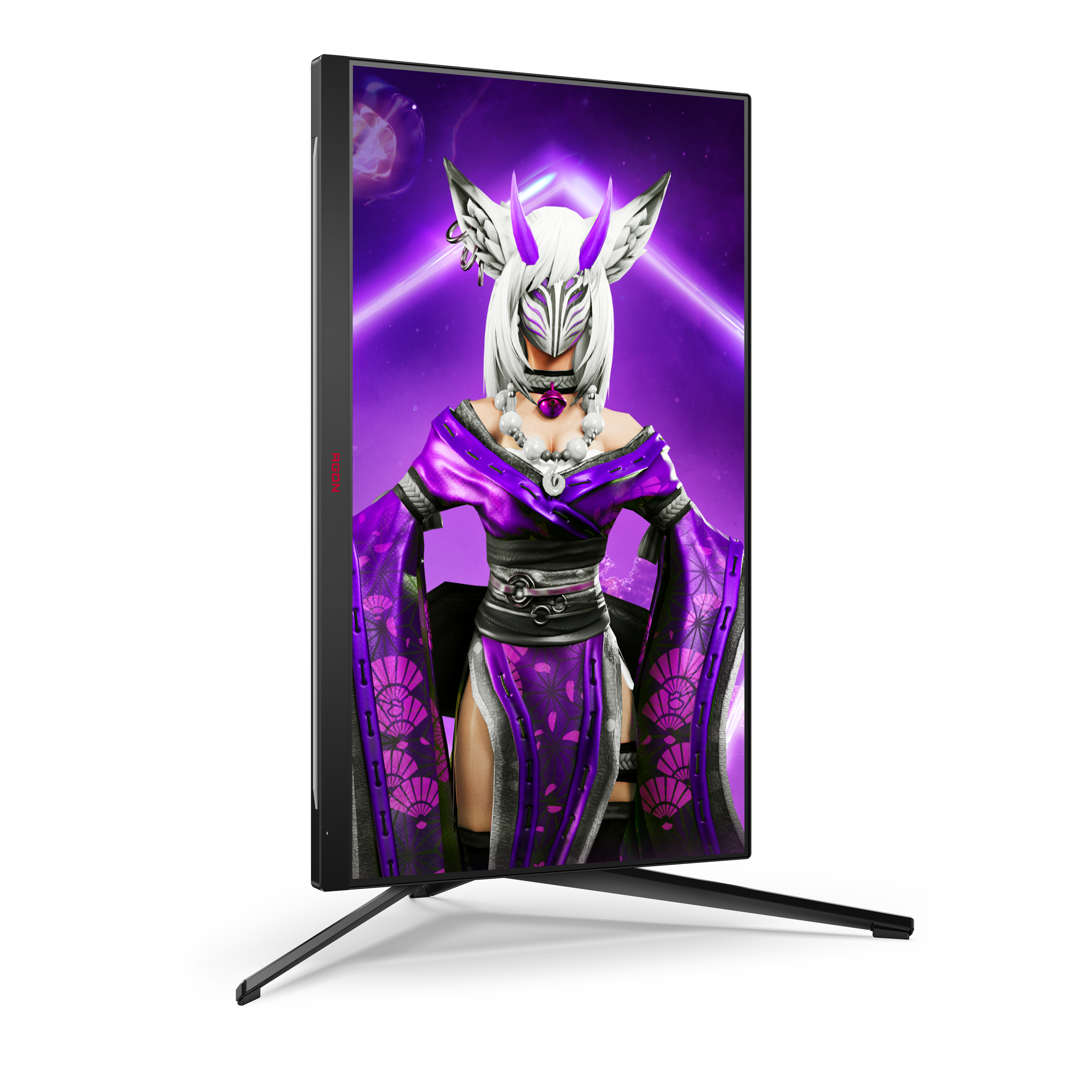 Monitor da gioco con una donna in abito viola sullo schermo, vista laterale.