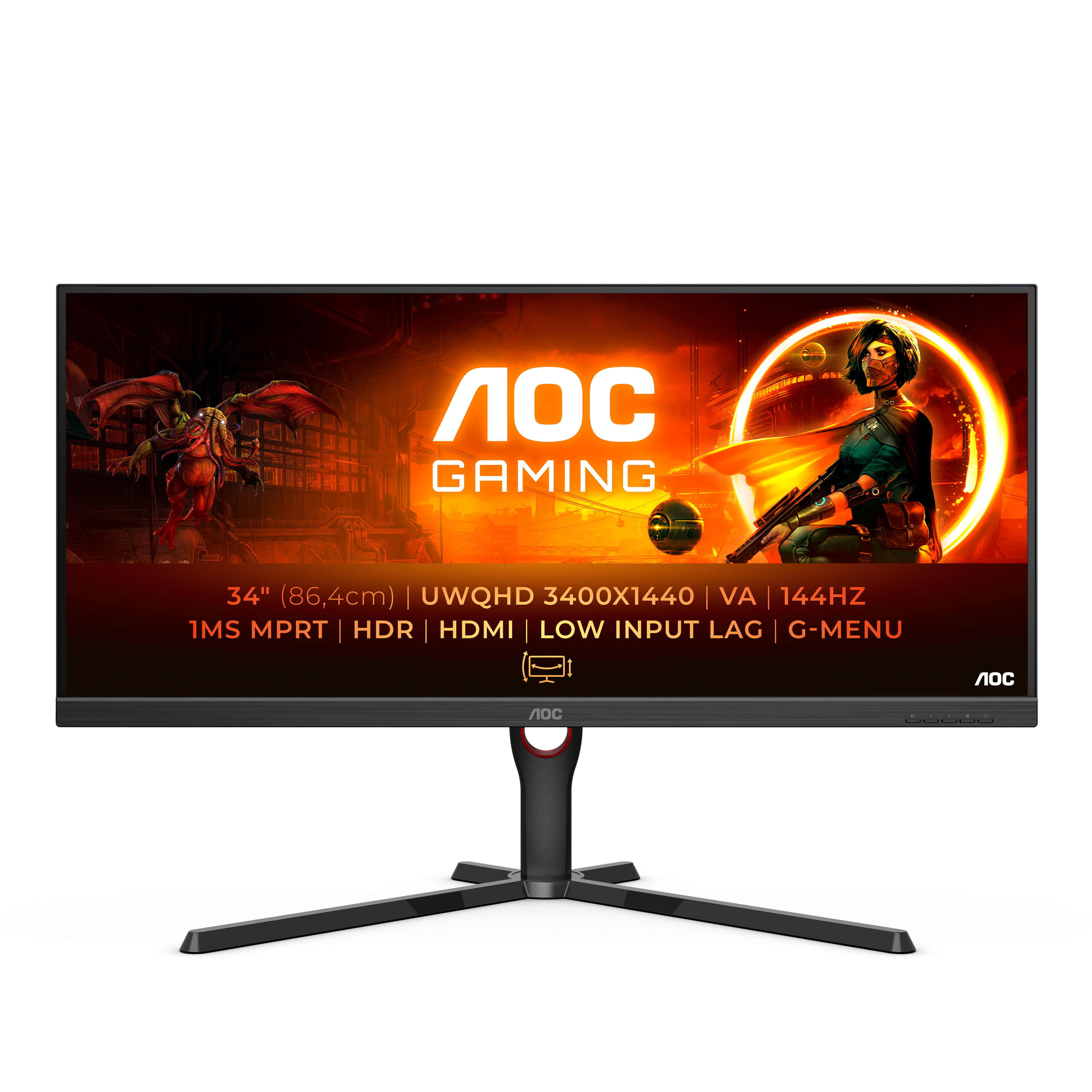 Monitor gaming AOC con scena di gioco sullo schermo. Lo schermo è nero e rosso.